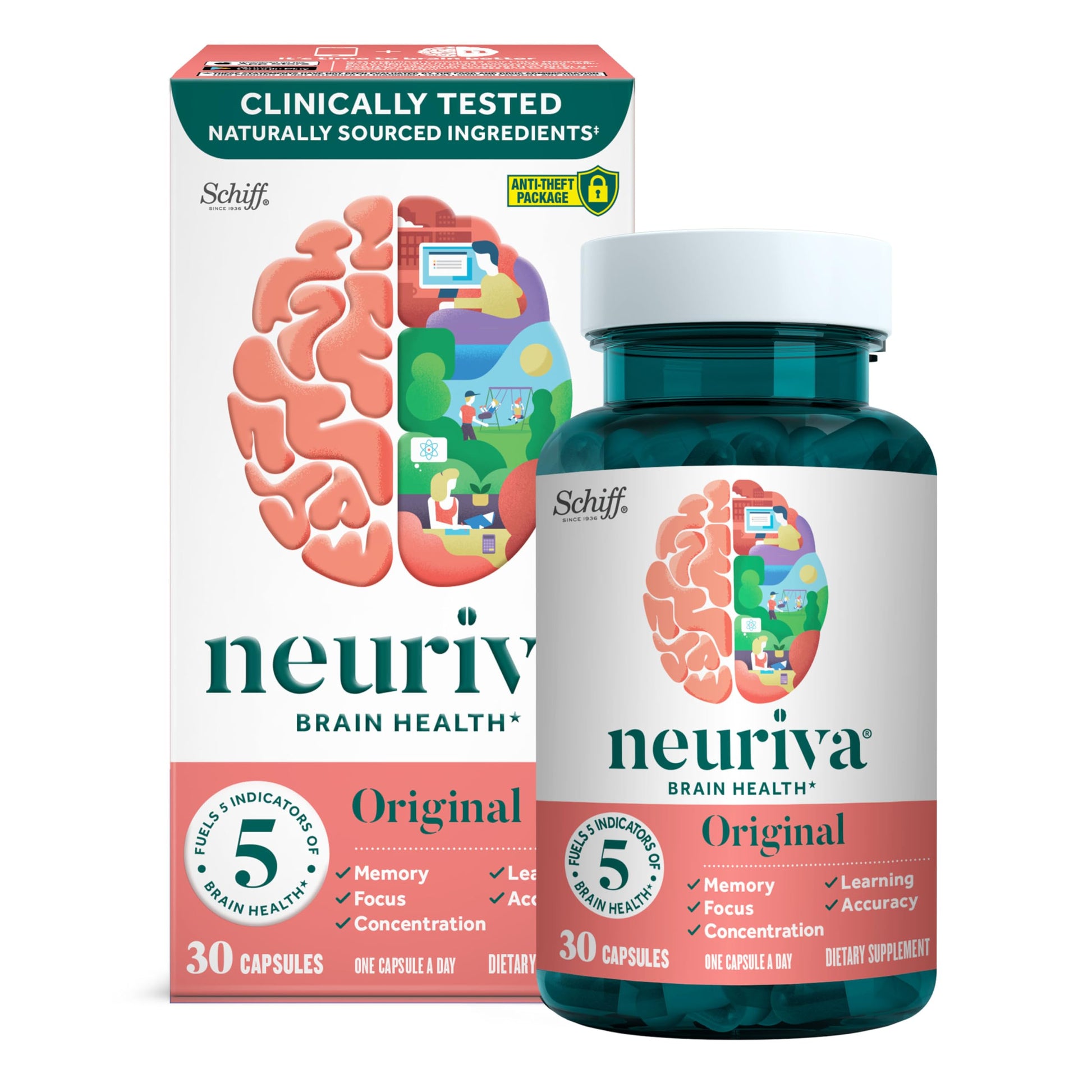 NEURIVA Original Brain Supplements for Memory and Focus, Clinically Tested Nootropics Phosphatidylserine and Neurofactor, 30 Capsules