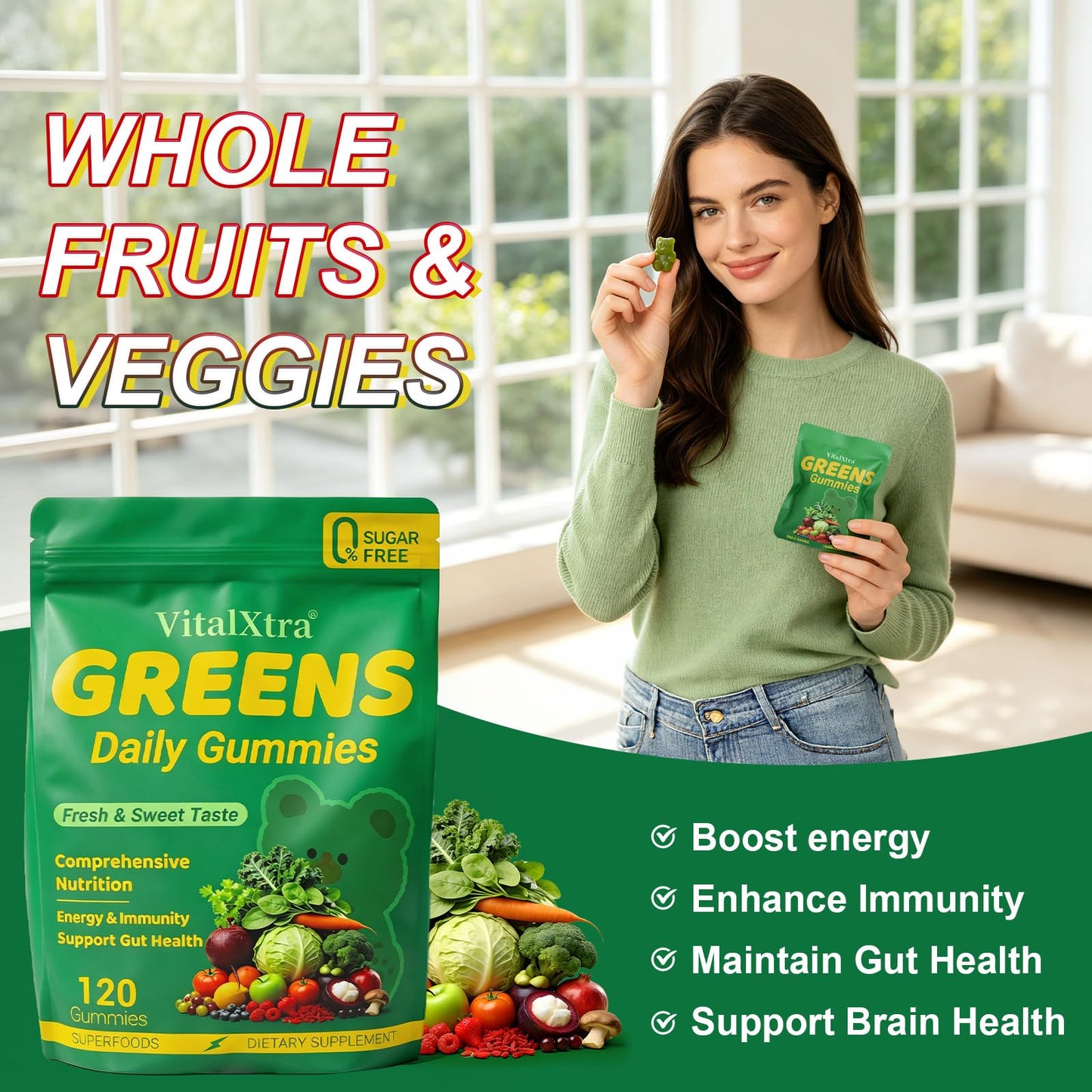 VitalXtra Sugar-Free Greens Gummies 120 Count