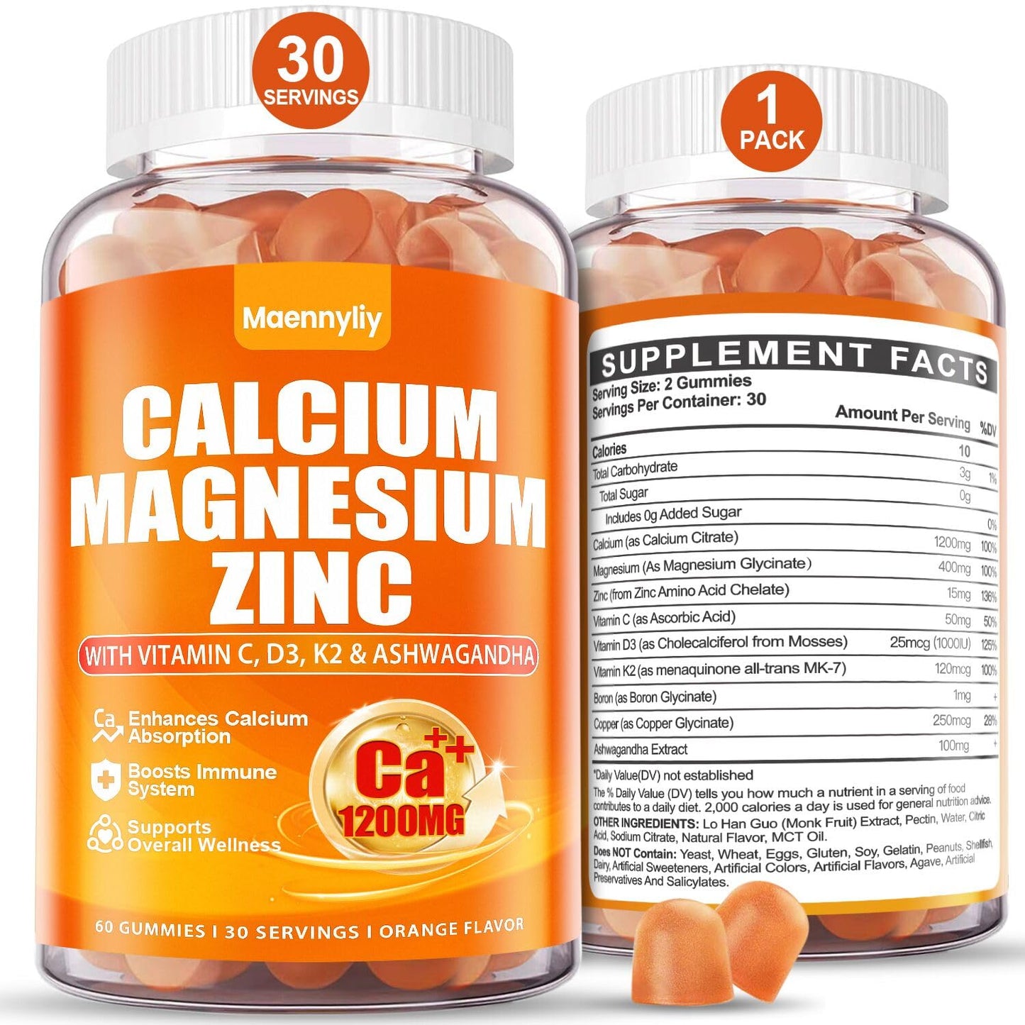 Maennyliy Calcium 1200 mg with Vitamin D3 Gummies for Adults, 60 Count