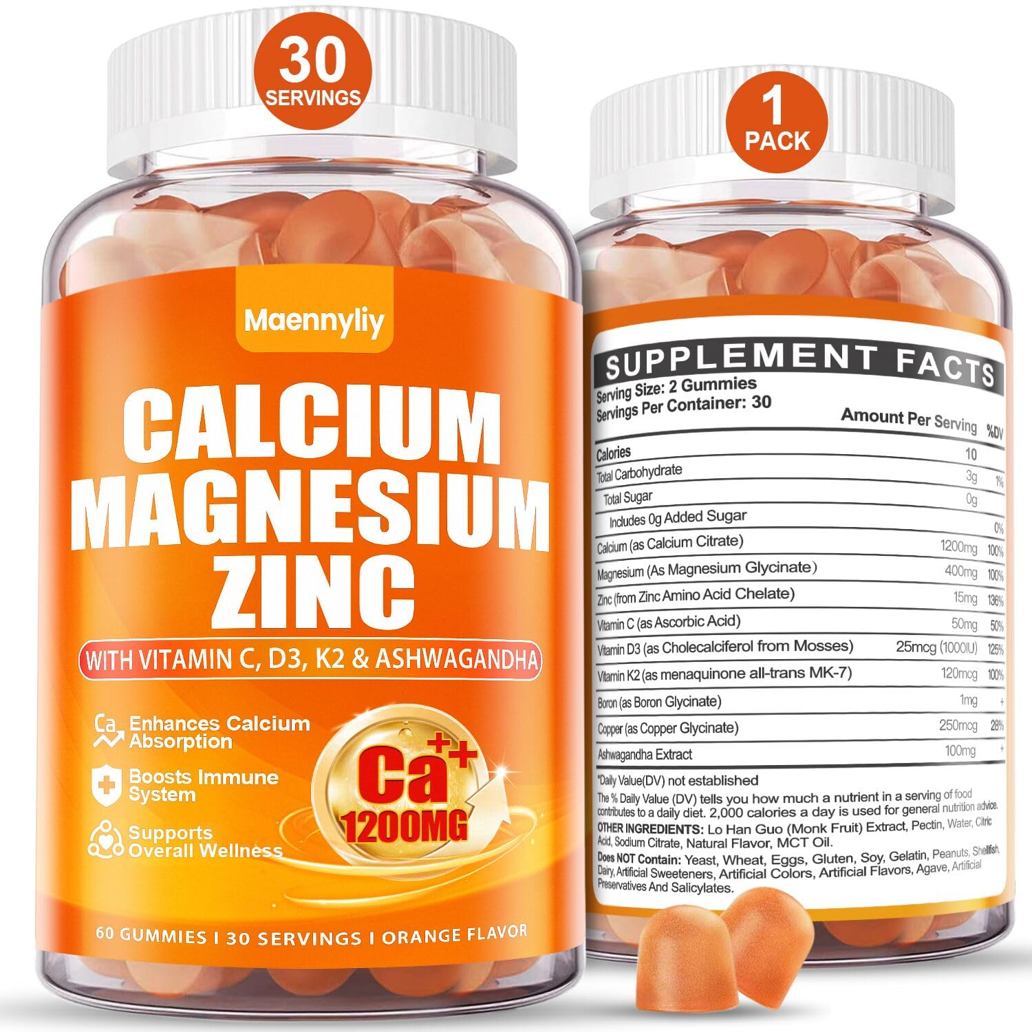 Maennyliy Calcium 1200 mg with Vitamin D3 Gummies for Adults, 60 Count