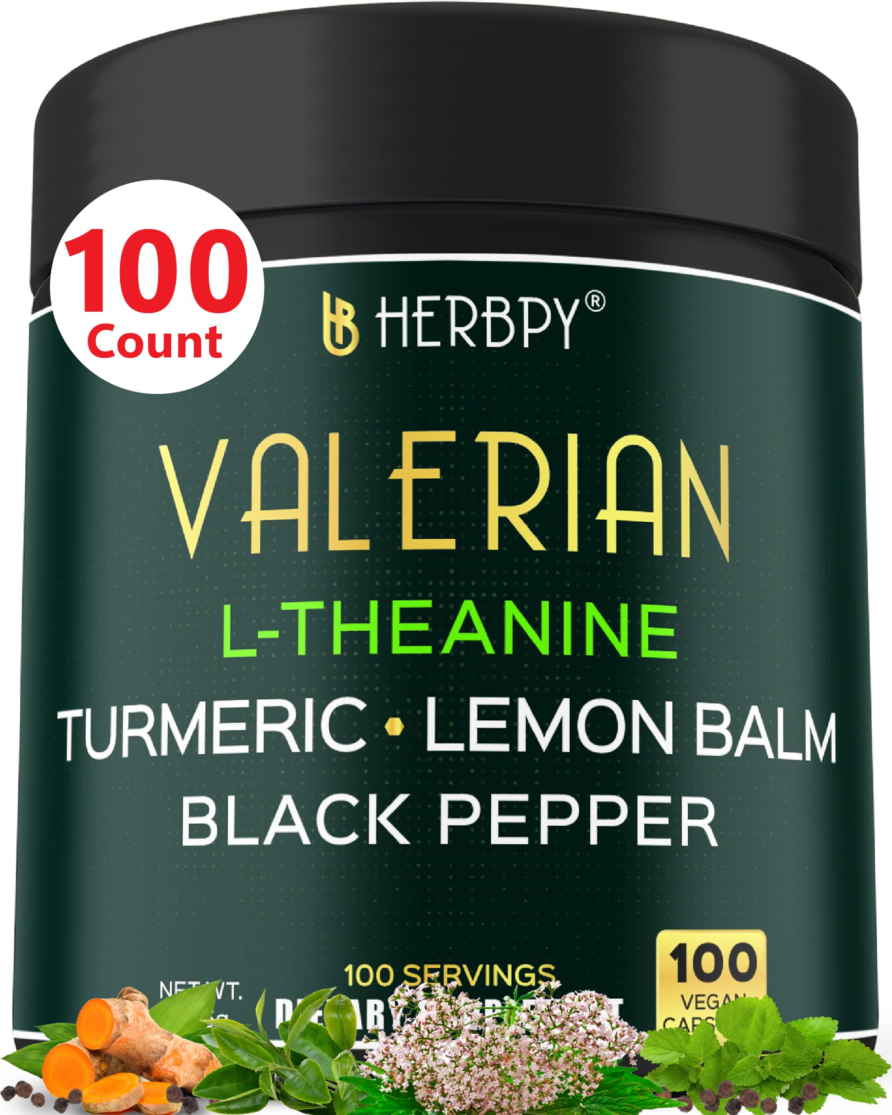 Herbpy 5in1 Valerian Root Capsules with L-Theanine, Lemon Balm, Turmeric & Black Pepper, 100 Count