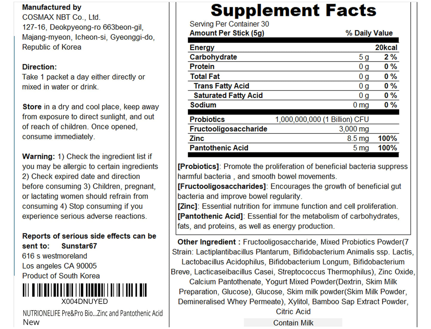 NUTRIONELIFE Pre&Pro Biotics Multi-Strain Probiotic Blend Powder, 1 Billion CFU, 7.1 oz