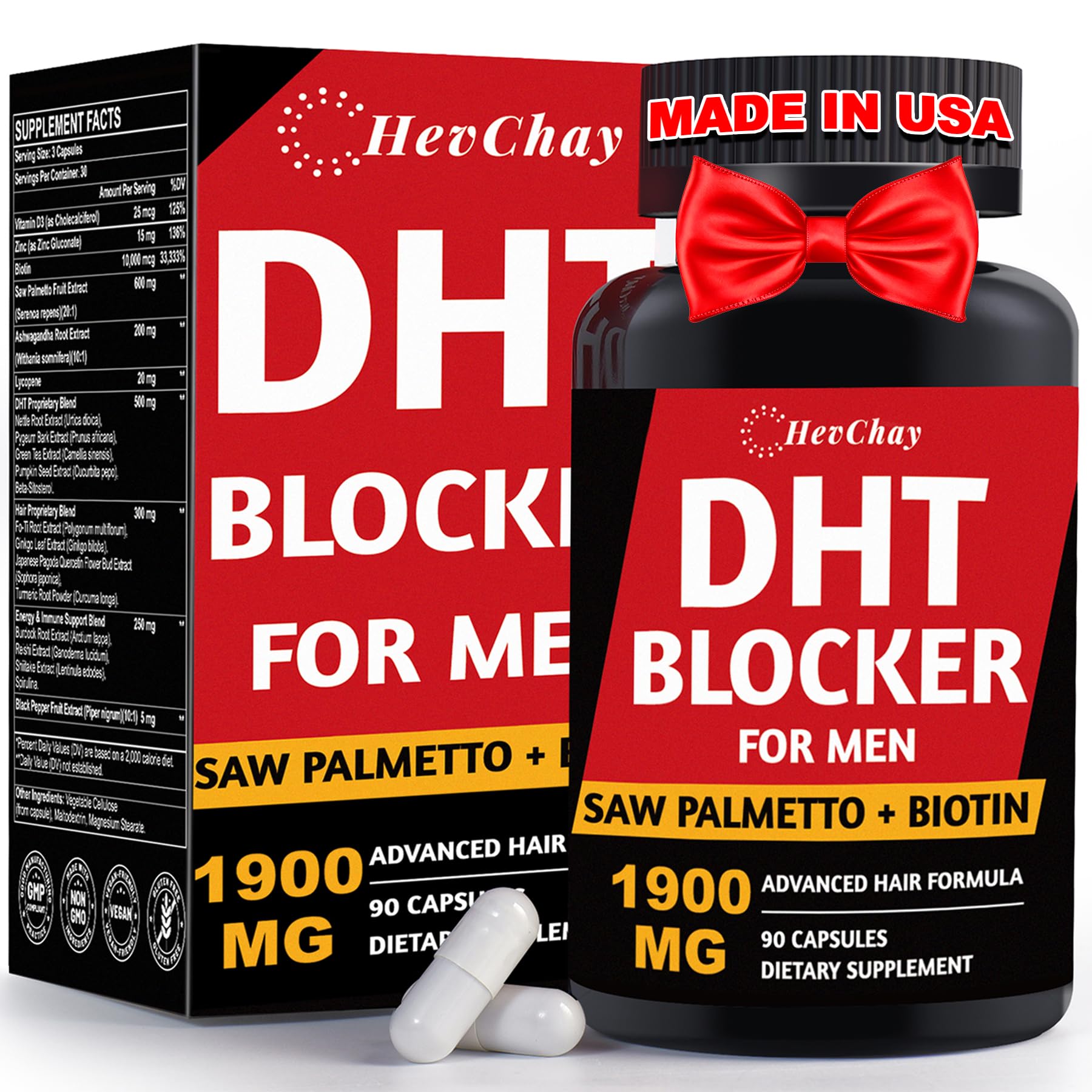 HevChay DHT Blocker for Men with Saw Palmetto & Biotin 10000mcg Capsules 90 Count