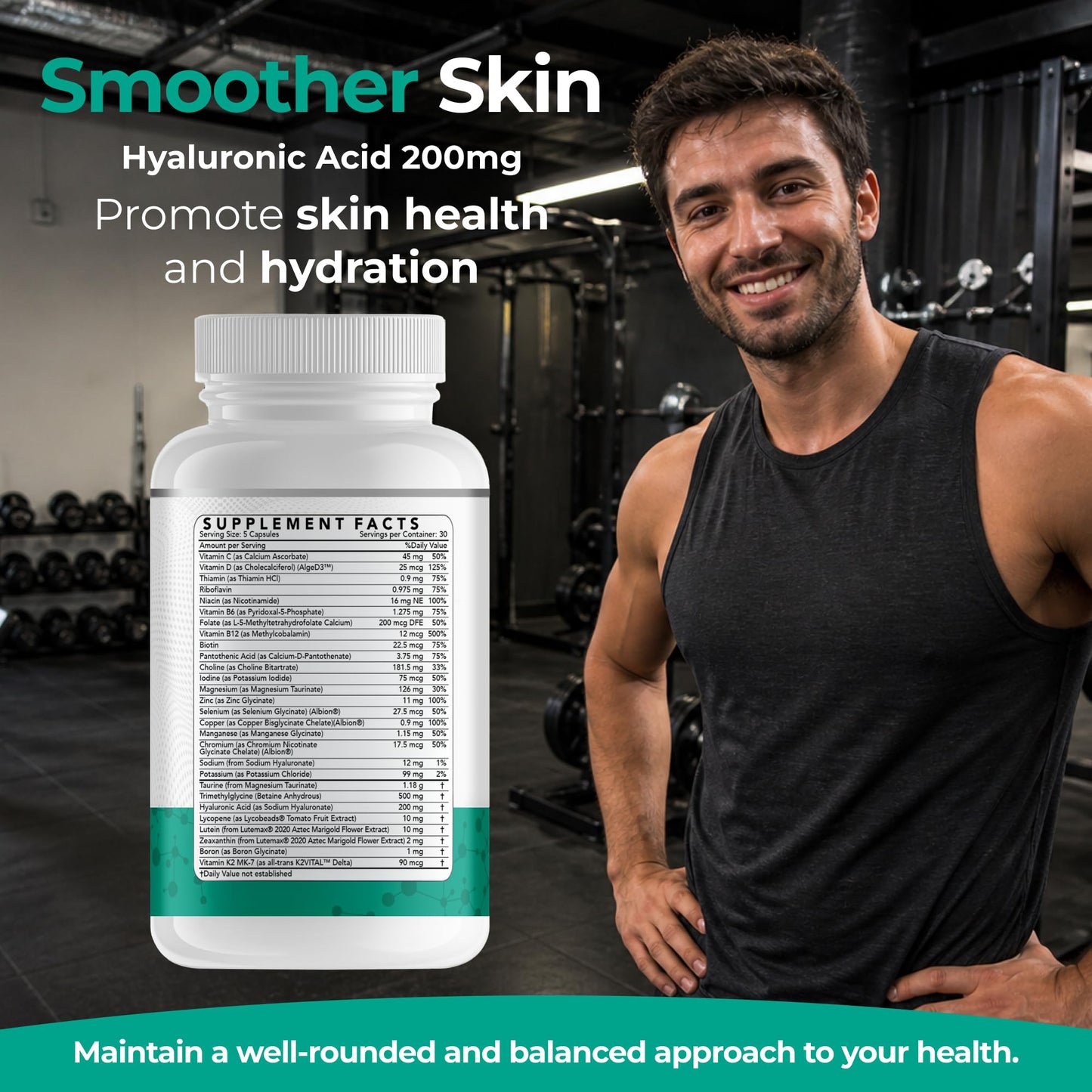 Dr Brad Stanfield Daily Low Dose Multivitamin & Mineral for Men & Women to Support Cognitive Performance & Memory + Hyaluronic Acid for Skin Health + TMG for Exercise Capsules 150 Count