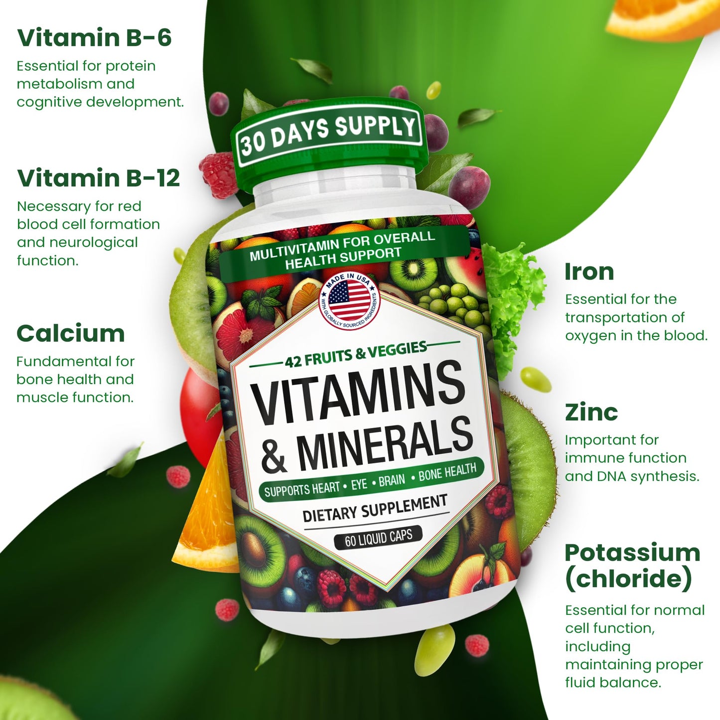 AAMATEC LIFE Multivitamins/Minerals Capsules with Zinc and Premium 42 Fruits and Veggies Blend for Immune Support Daily Multivitamin Antioxidant Supplement for Immunity System, 60 Count