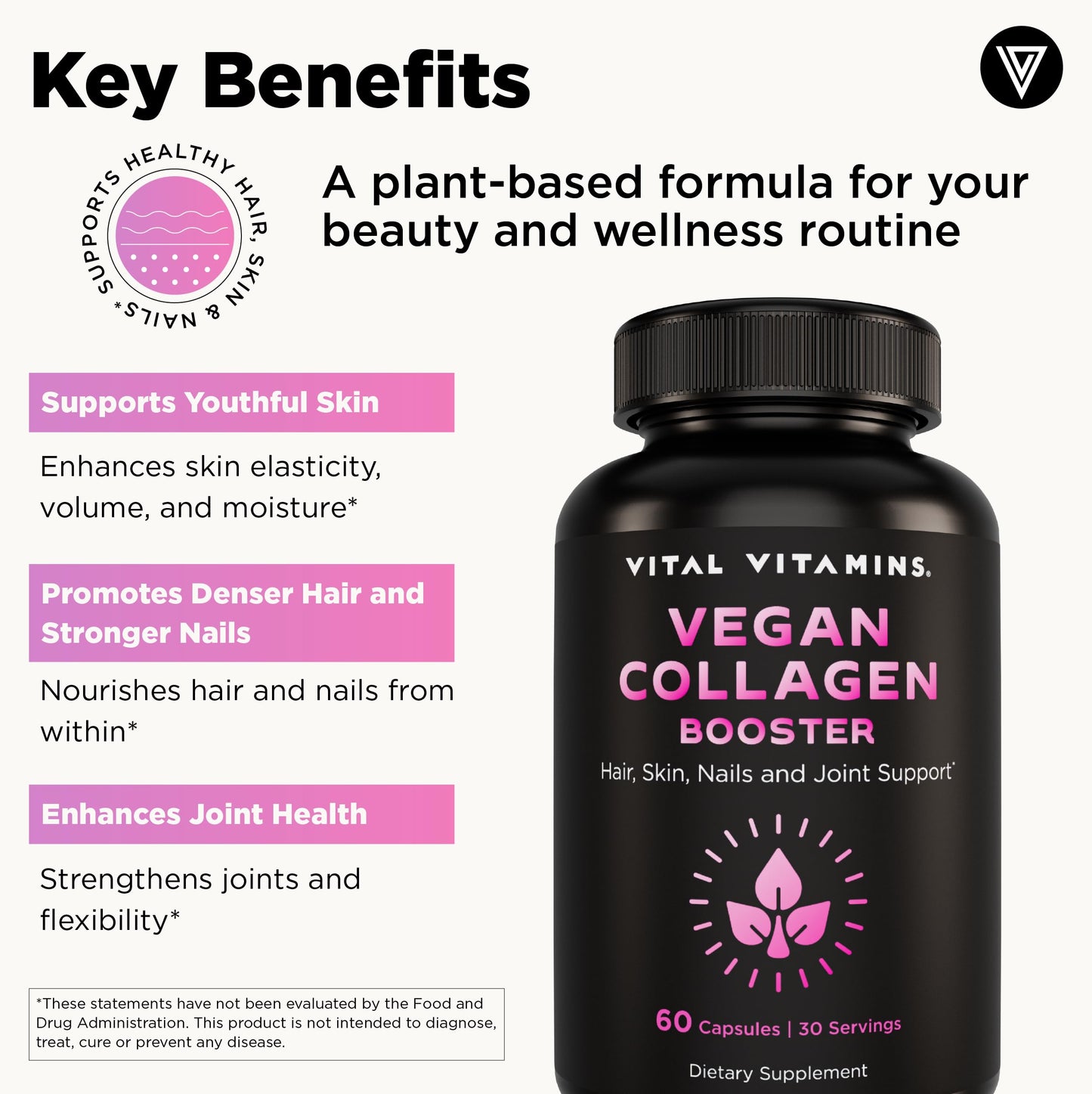 Vital Vitamins Vegan Collagen Booster + Hyaluronic Acid Capsules, 120 Capsules