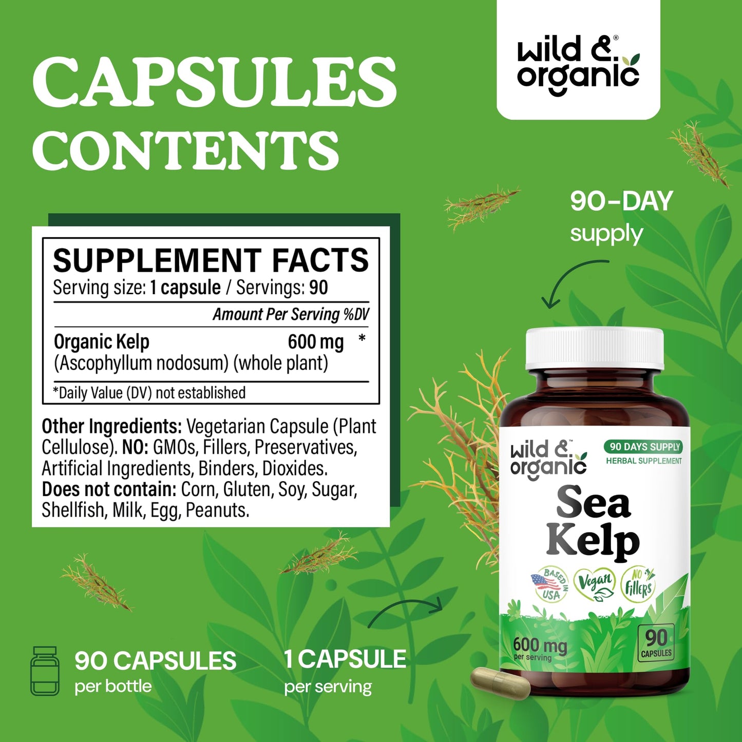 Wild & Organic Sea Kelp Supplement 600 mg Capsule 90 Count