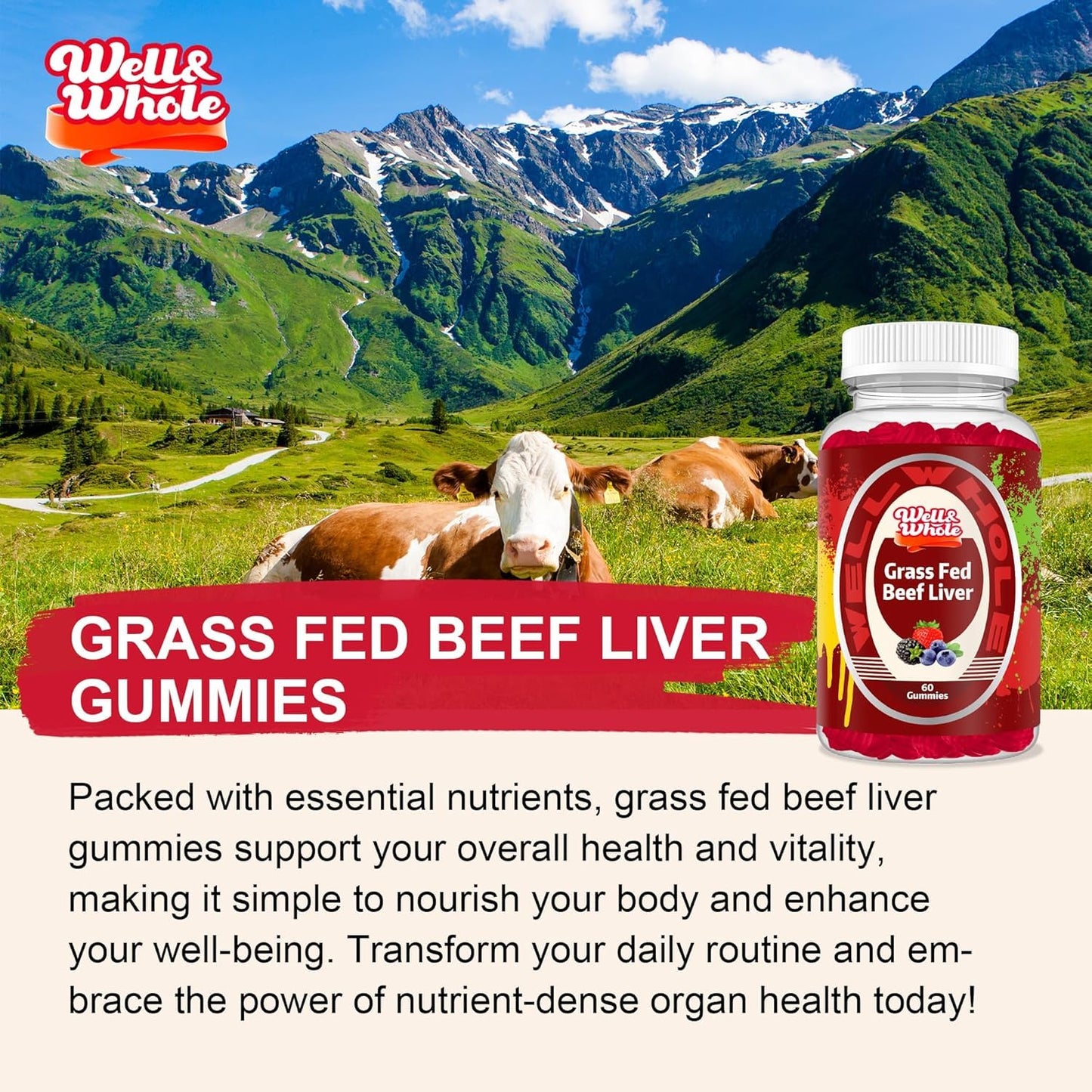 Well&Whole Grass Fed Beef Liver Gummies Chewable 120 Count