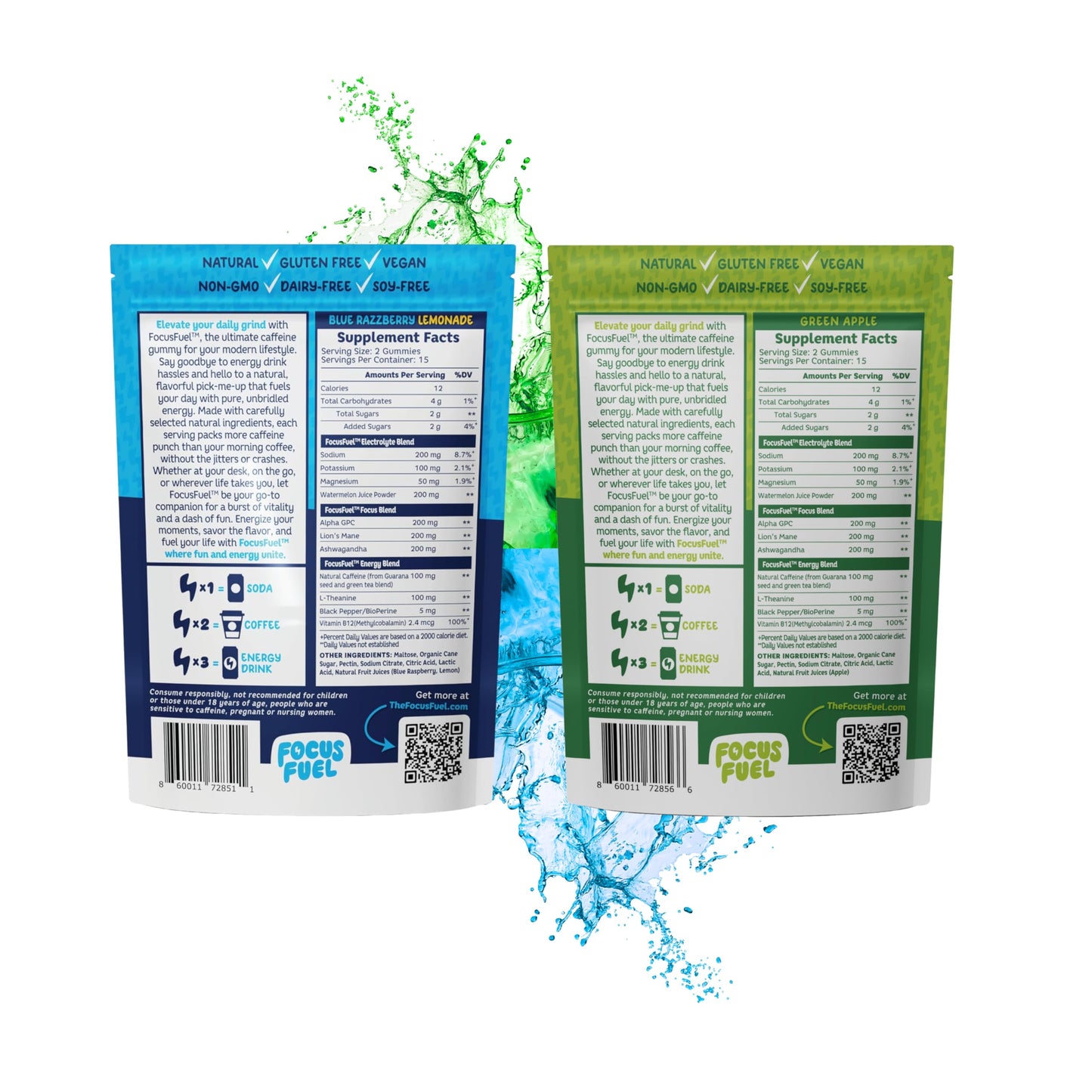 FocusFuel Energy Chews Variety Pack – Blue Razzberry Lemonade & Green Apple Flavors, 60 Chews