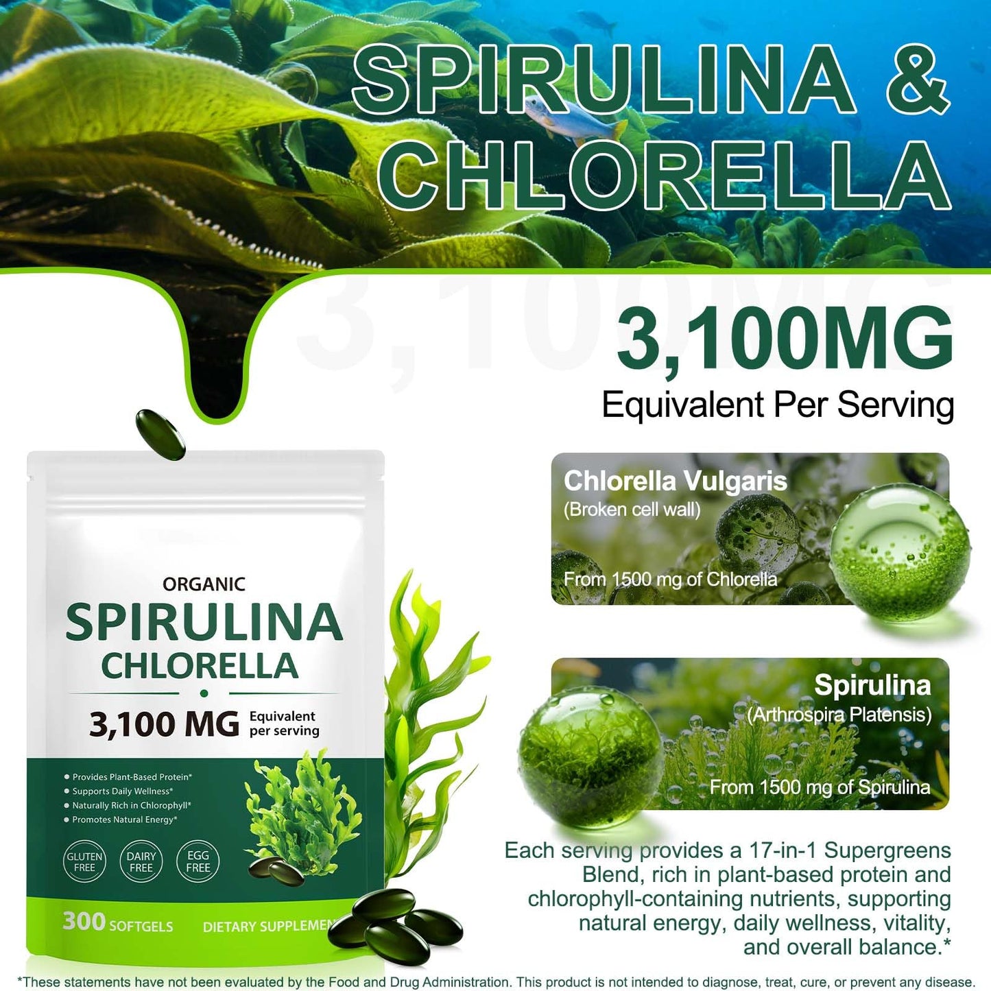 ZUZOKKAHA Spirulina & Chlorella Supergreens Capsule, 300 Count