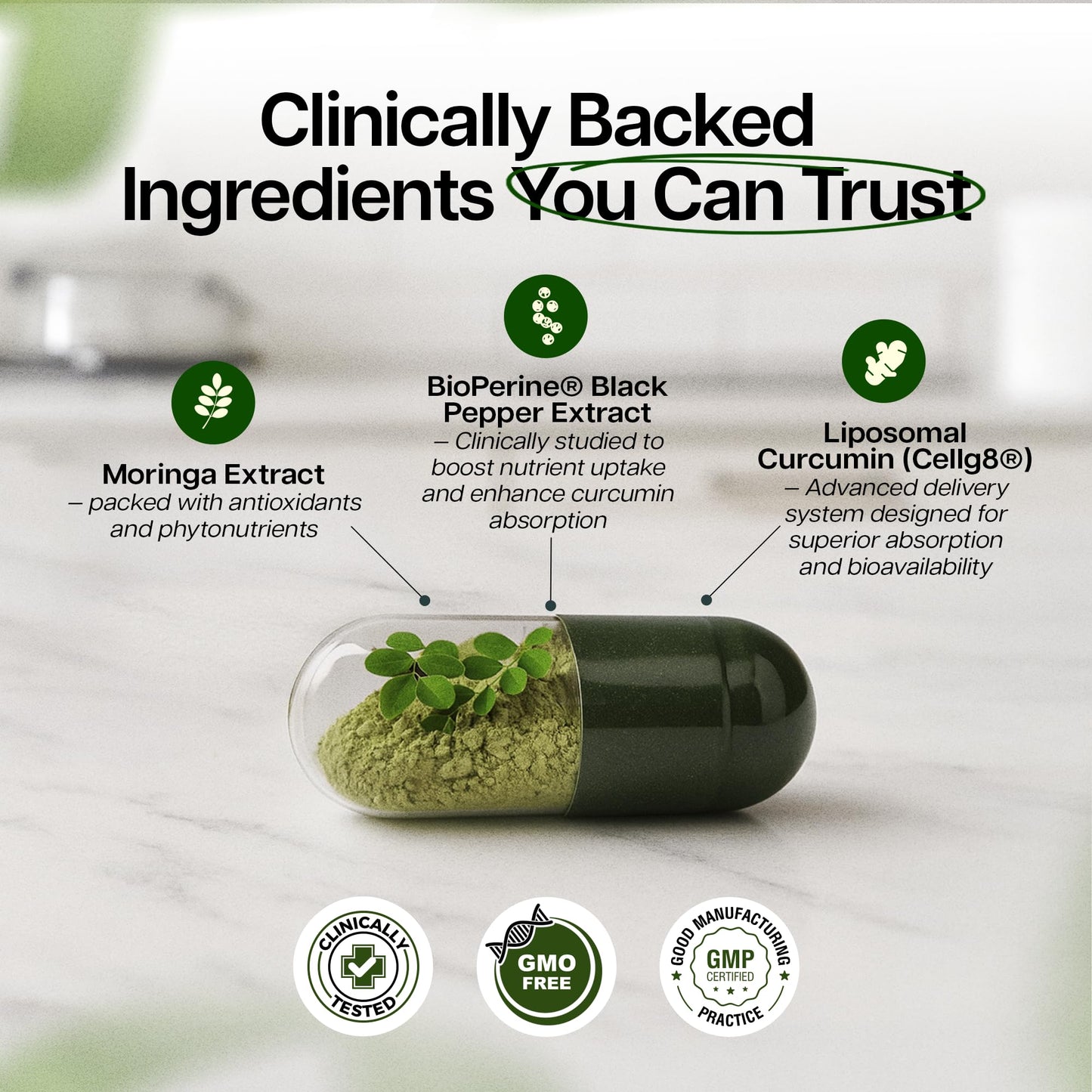 Benevolent Nourishment Moringa Capsules with Liposomal Curcumin & BioPerine, 180 Count
