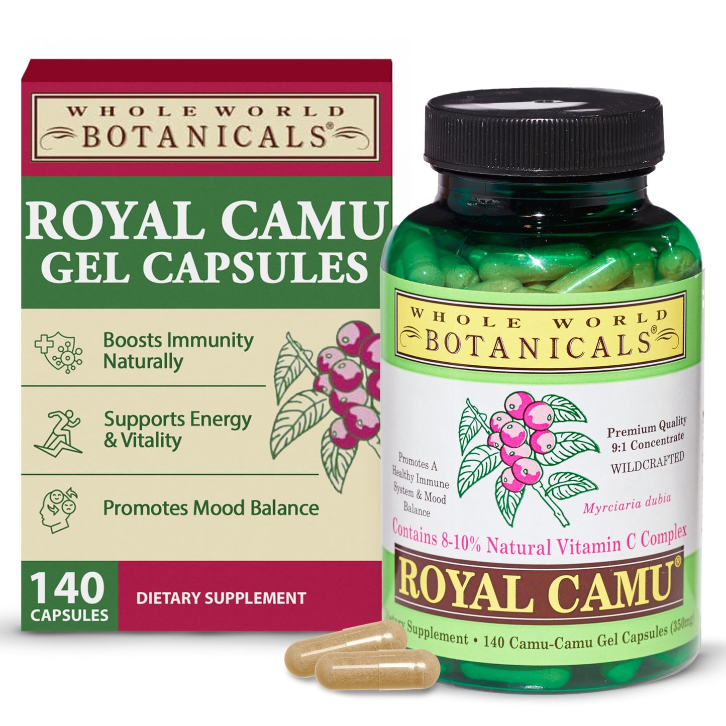 Whole World Botanicals Royal Camu Camu Powder - Whole Fruit (Dark) Powder Natural Vitamin C Source Capsules, 120 Count
