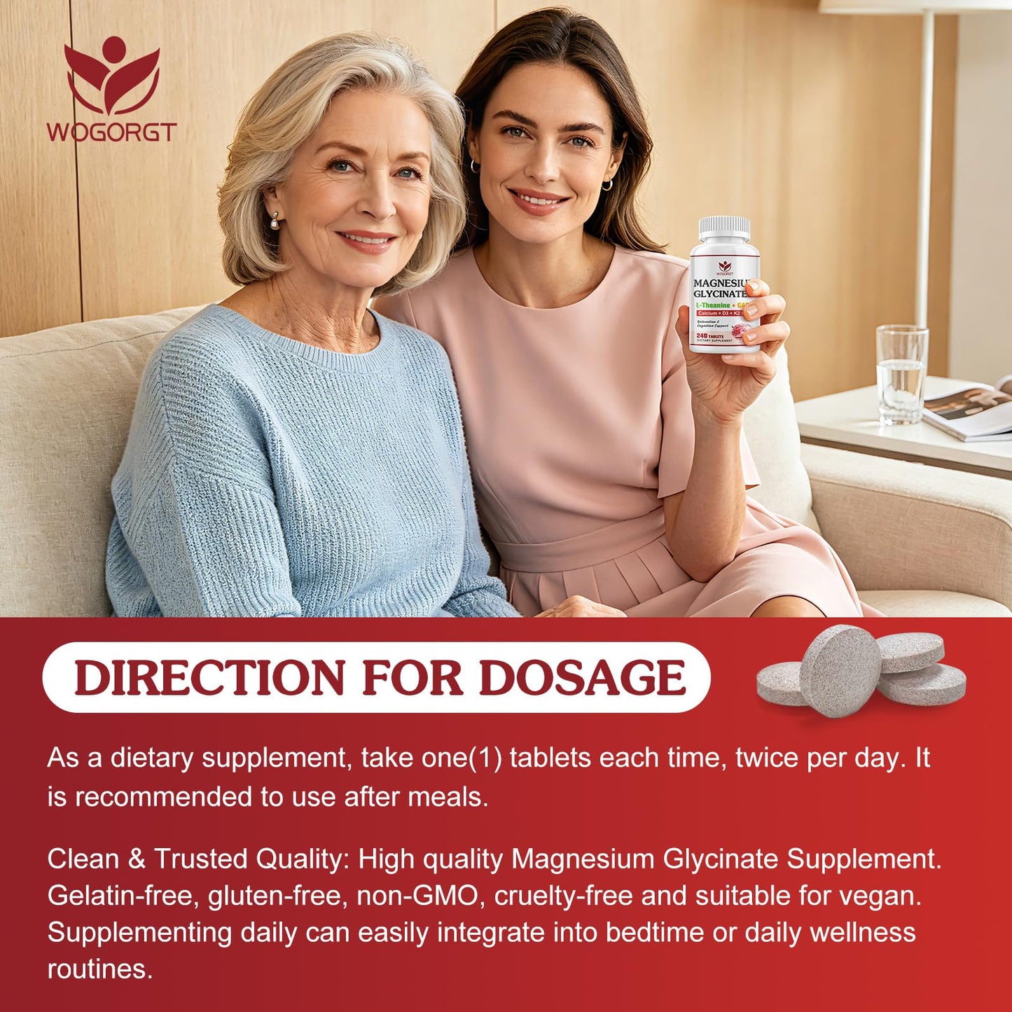 WOGORGT Magnesium Glycinate 200mg Supplement Tablet, 240 Tablets