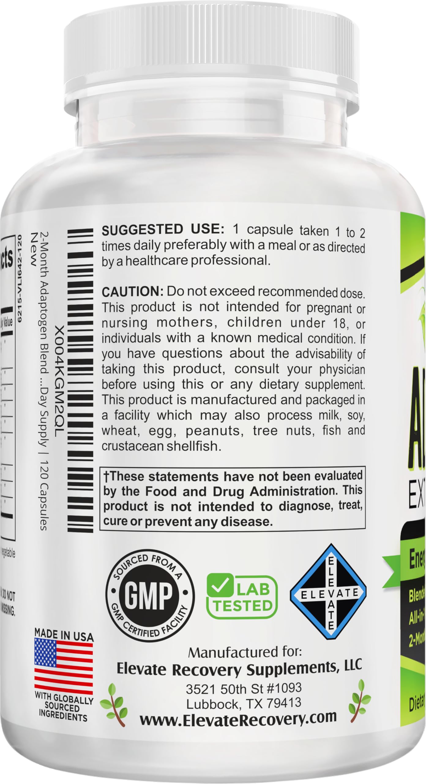 Elevate Recovery Supplements 2-Month Adaptogens Extract/Complex 9-in-1 Adaptogenic Formula for Men & Women Capsules 120 Count