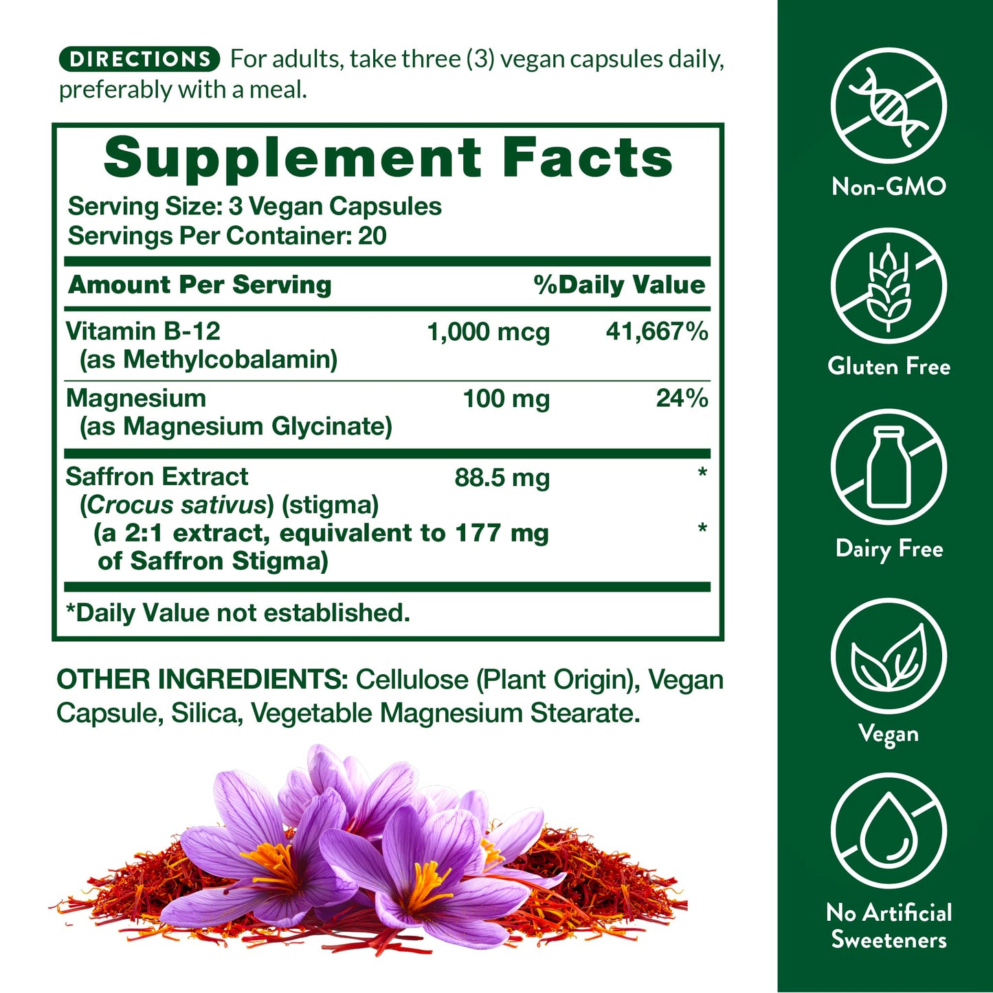 Nature's Truth Saffron Extract Capsules with Magnesium Glycinate and Vitamin B-12, 60 Count