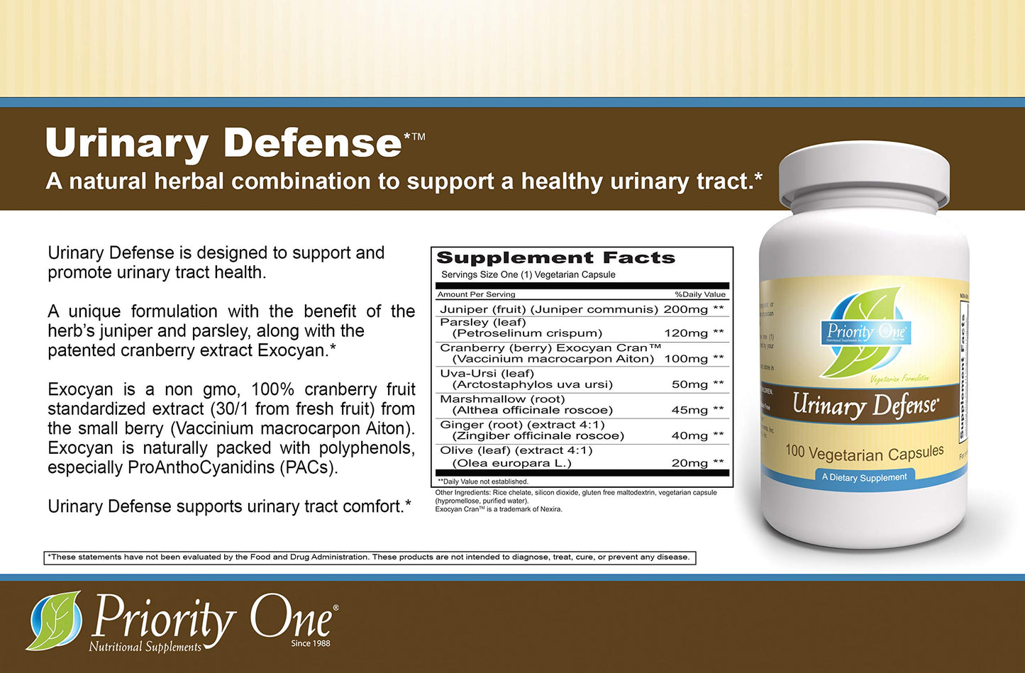 Priority One Urinary Defense Capsule, 100 Vegetarian Capsules