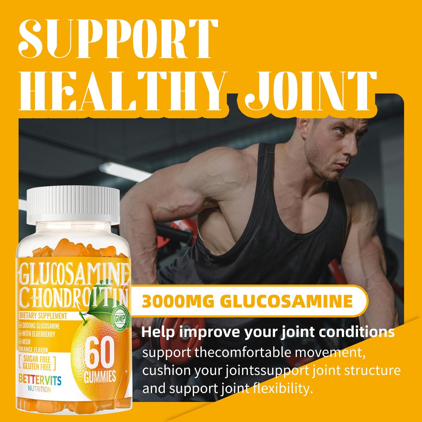 Bettervits Nutrition Glucosamine Chondroitin Gummies with MSM & Elderberry Extra Strength, 120 Gummies