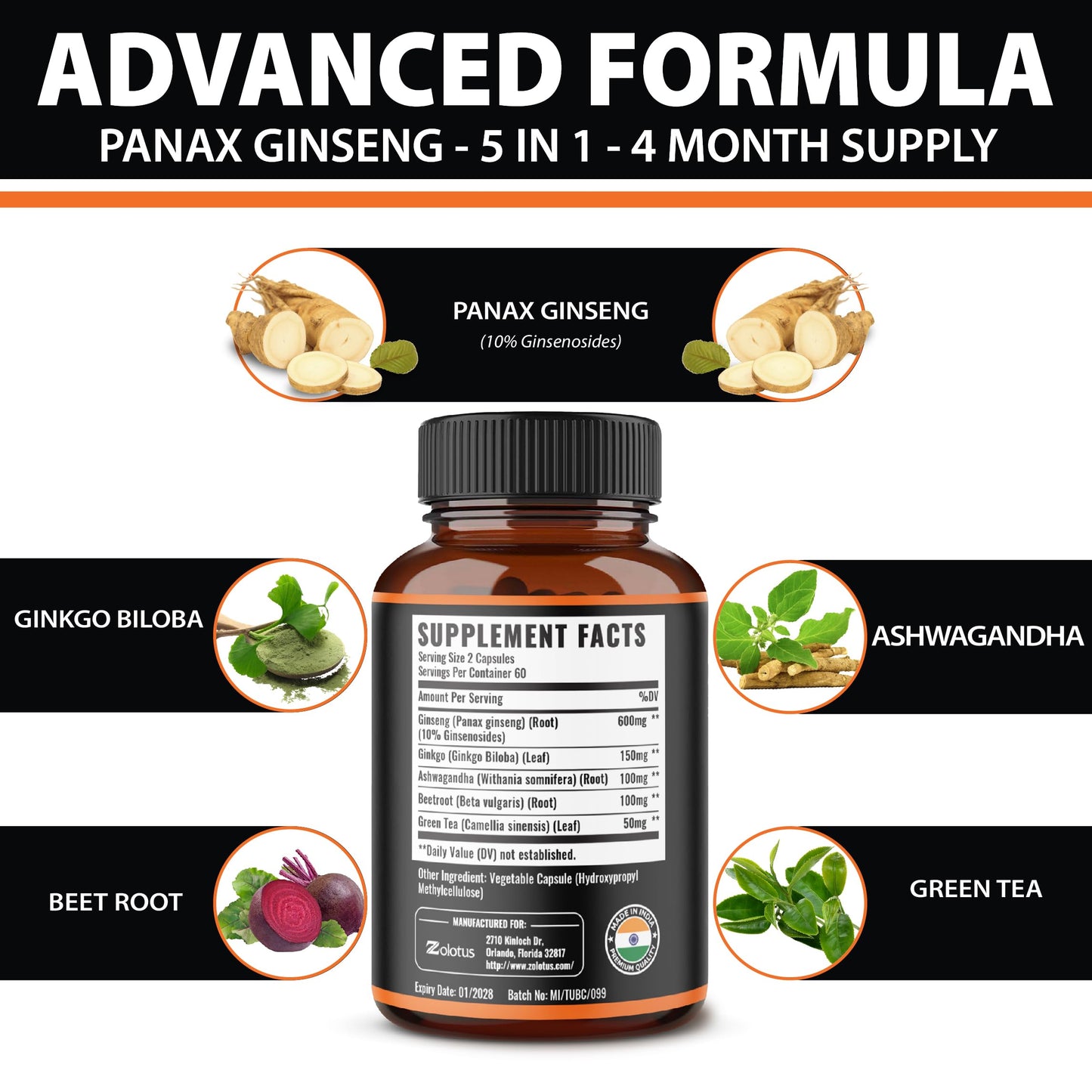 Zolotus Korean Red Panax Ginseng + Ginkgo Biloba, Ashwagandha, Beetroot, Green Tea Capsules 240