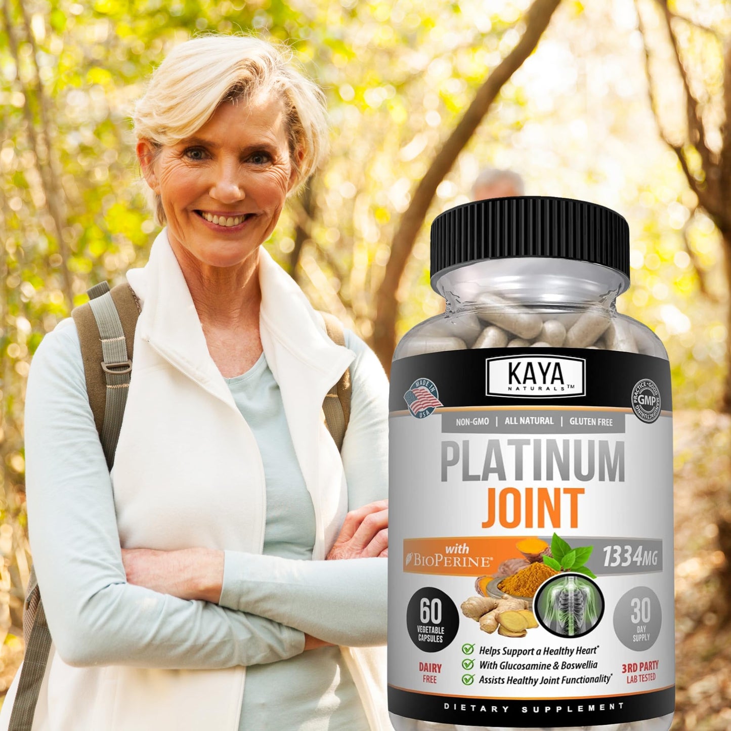 Kaya Naturals Platinum Turmeric Curcumin 1334mg with Boswellia and Glucosamine Bioperine Capsules, 60 Count