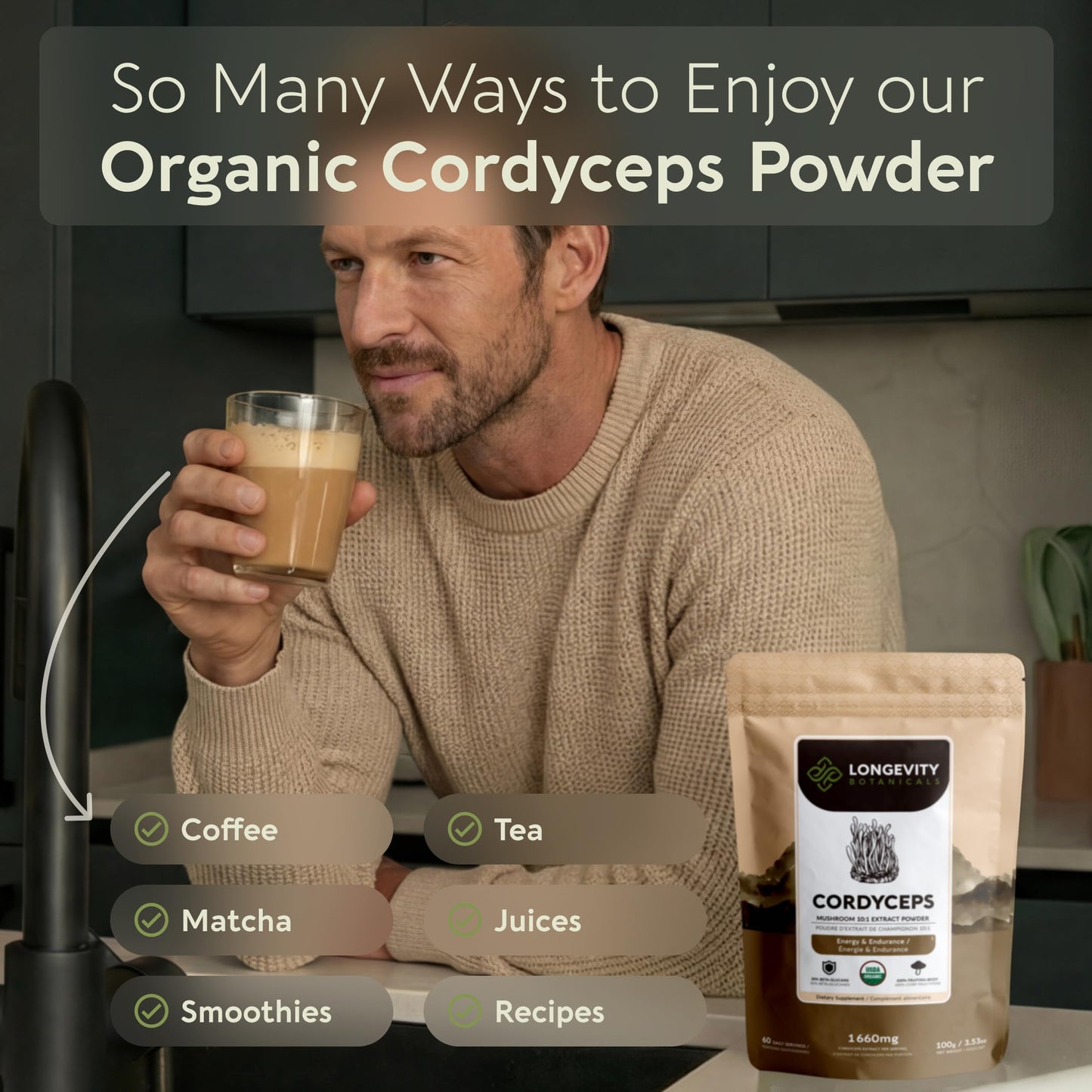 Longevity Botanicals Organic Cordyceps Mushroom Powder Supplement Extract Cordyceps Militaris Fruiting Body, ≥30% Beta-D-Glucans, 3.53 oz