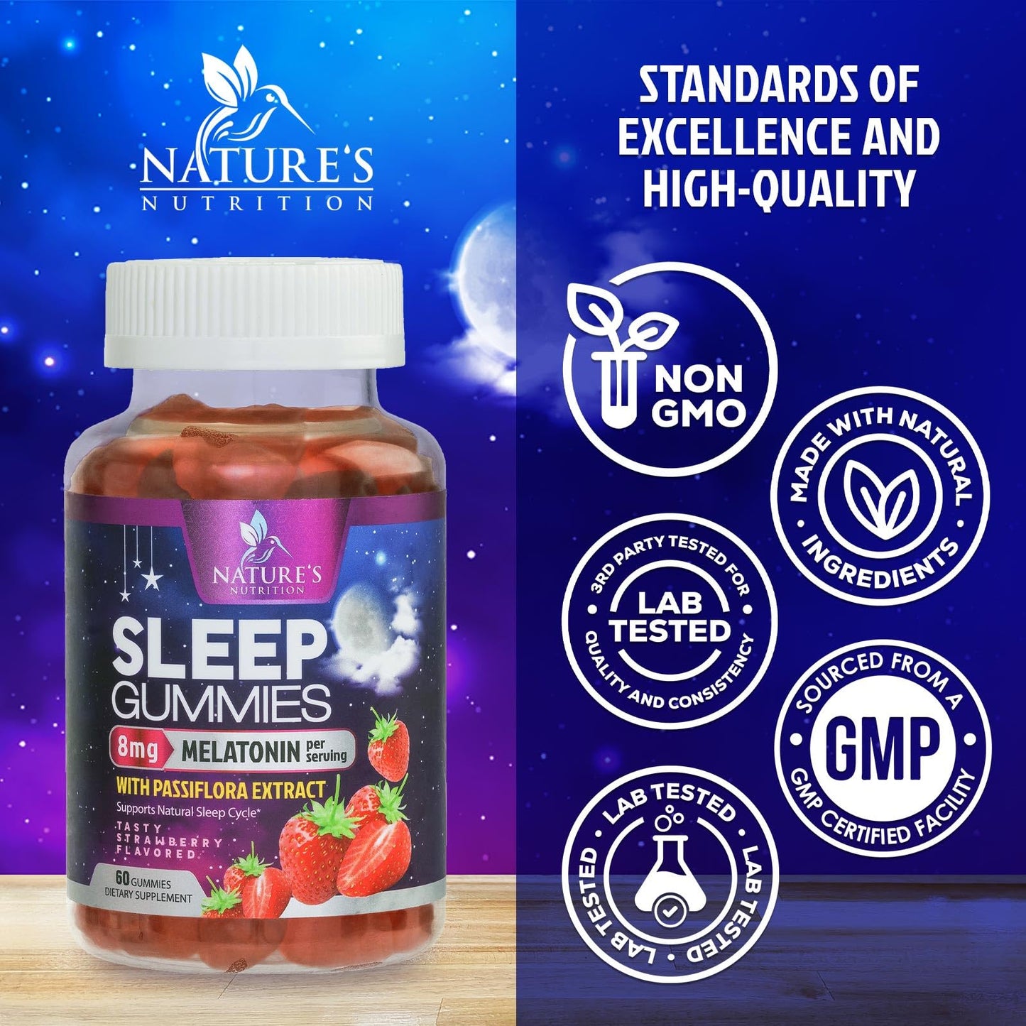 Nature's Nutrition Sleep Gummies 8mg Melatonin Per Serving with Passiflora Extract for Restful Sleep, Fast Acting Melatonin Sleep Gummy Supplement for Adults, Vegan, Non-GMO, Strawberry Flavor, 60 Gummies