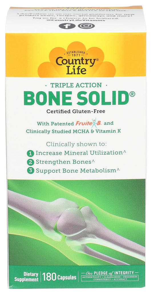 Country Life Bone Solid - Bone Health Supplement with Microcrystalline Hydroxyapatite (MCHA), Calcium, Magnesium, Zinc, Vitamins K2 & D3 for Enhanced Bone Strength & Metabolism Capsules 180