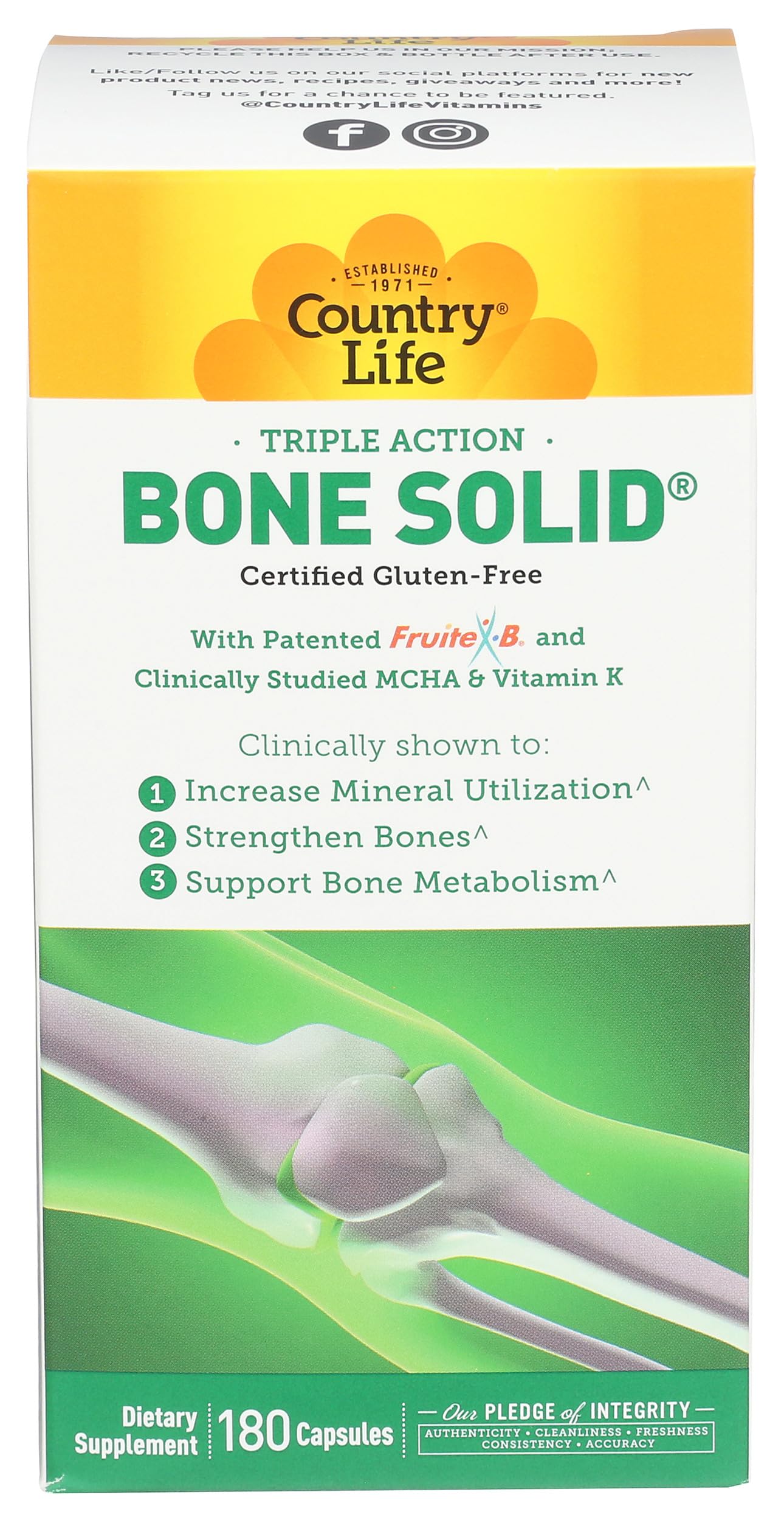 Country Life Bone Solid - Bone Health Supplement with Microcrystalline Hydroxyapatite (MCHA), Calcium, Magnesium, Zinc, Vitamins K2 & D3 for Enhanced Bone Strength & Metabolism, 180 Capsules