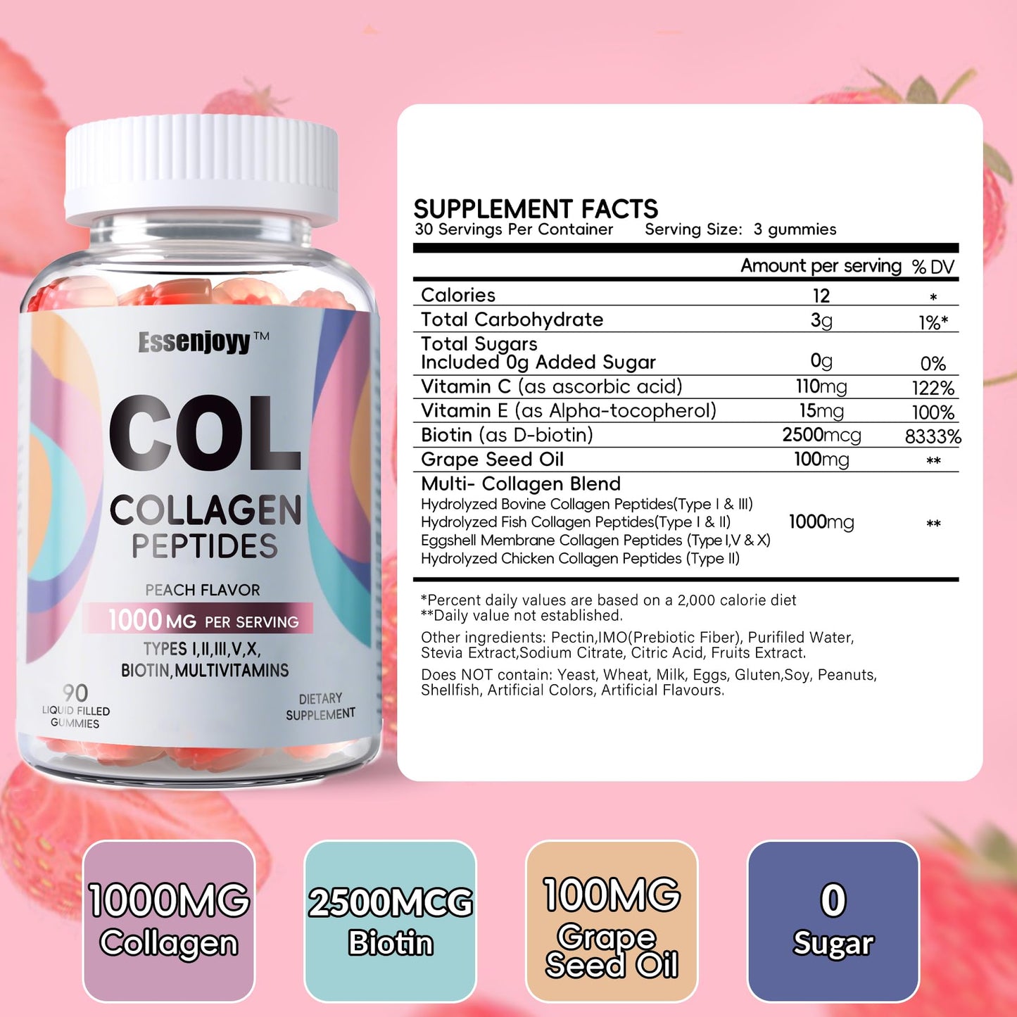 ESSENJOYY Liquid Filled Collagen Peptides Gummies, 1000mg with Biotin, Vitamin C, E, Sugar Free, Peach Flavor, 90 Count
