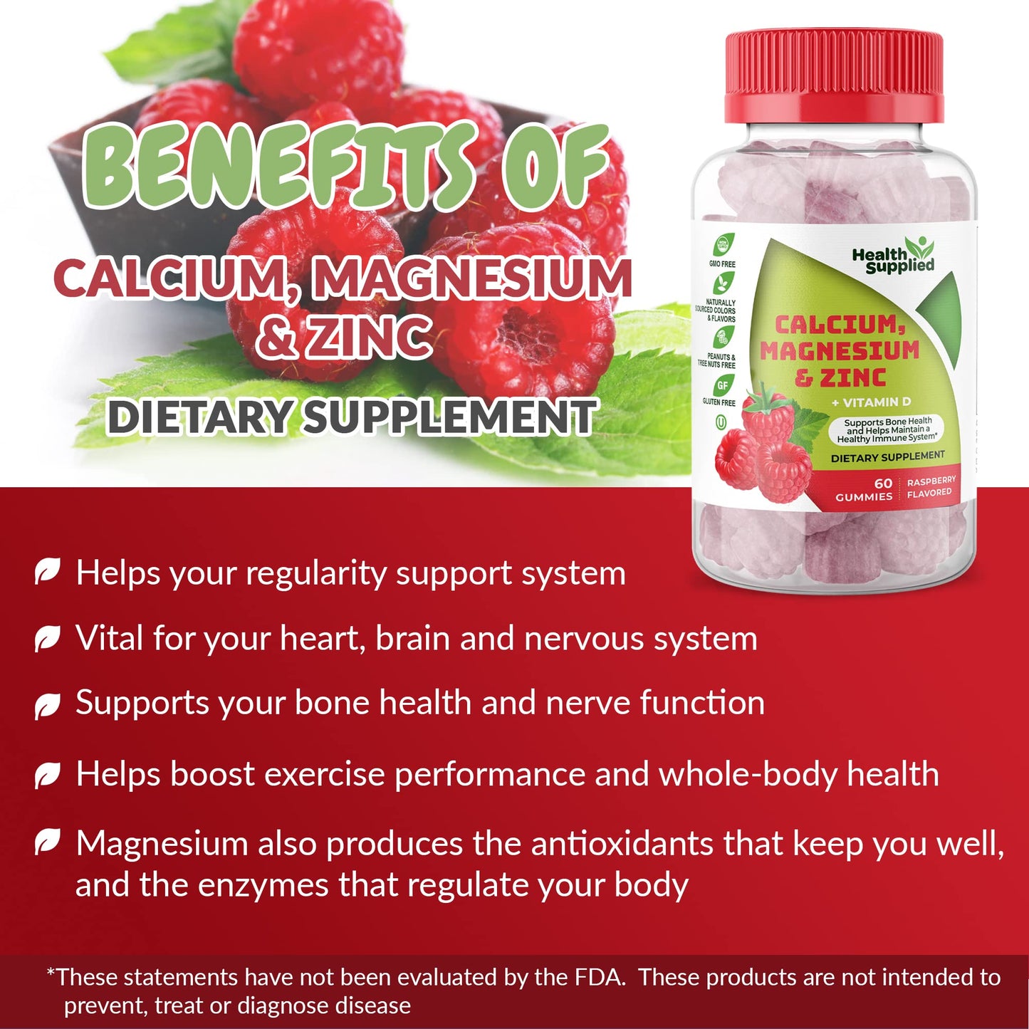 Health Supplied Calcium Magnesium & Zinc + Vitamin D Gummies, 60 Gummies