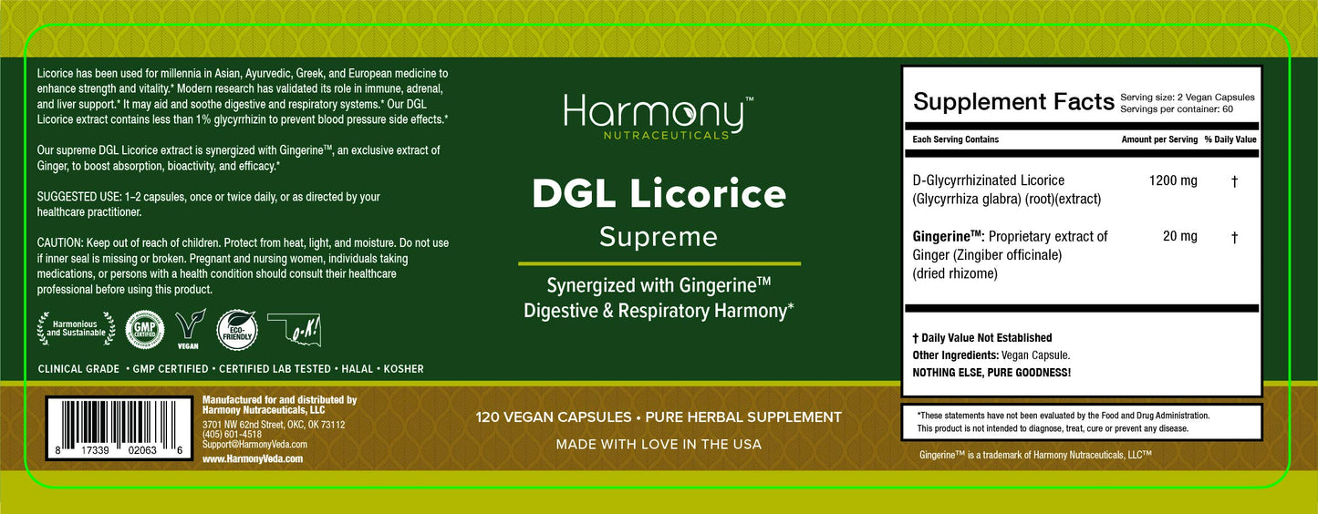 Harmony Nutraceuticals DGL Licorice Supreme Dr Gumman's Clinical Grade Highest Potency Maximum Bioavailability Capsules 120 Count
