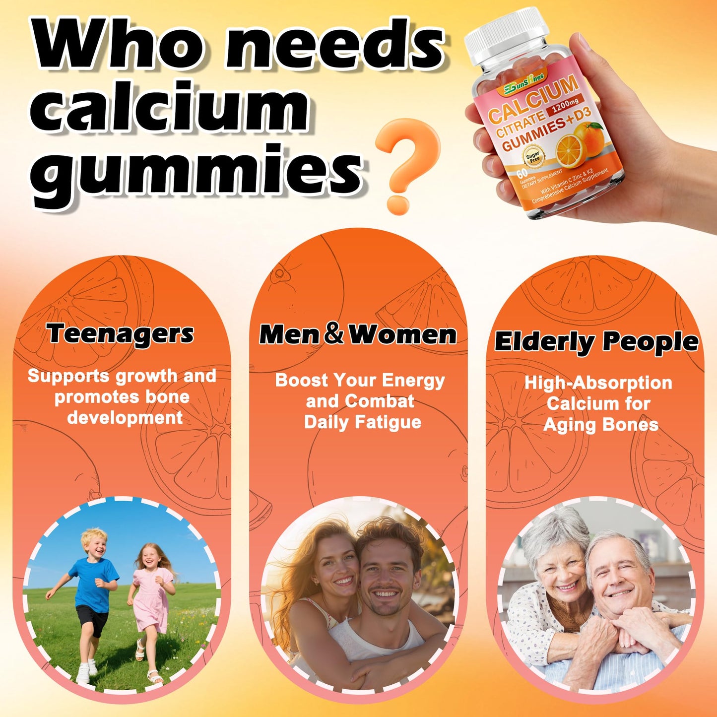 tsunshnes Calcium Citrate Gummies 1200mg with Vitamin D3, K2, Zinc and Vitamin C 5-in-1 Immune Support - Sugar Free, Non-GMO Chewable - Orange Flavor, 60 Count