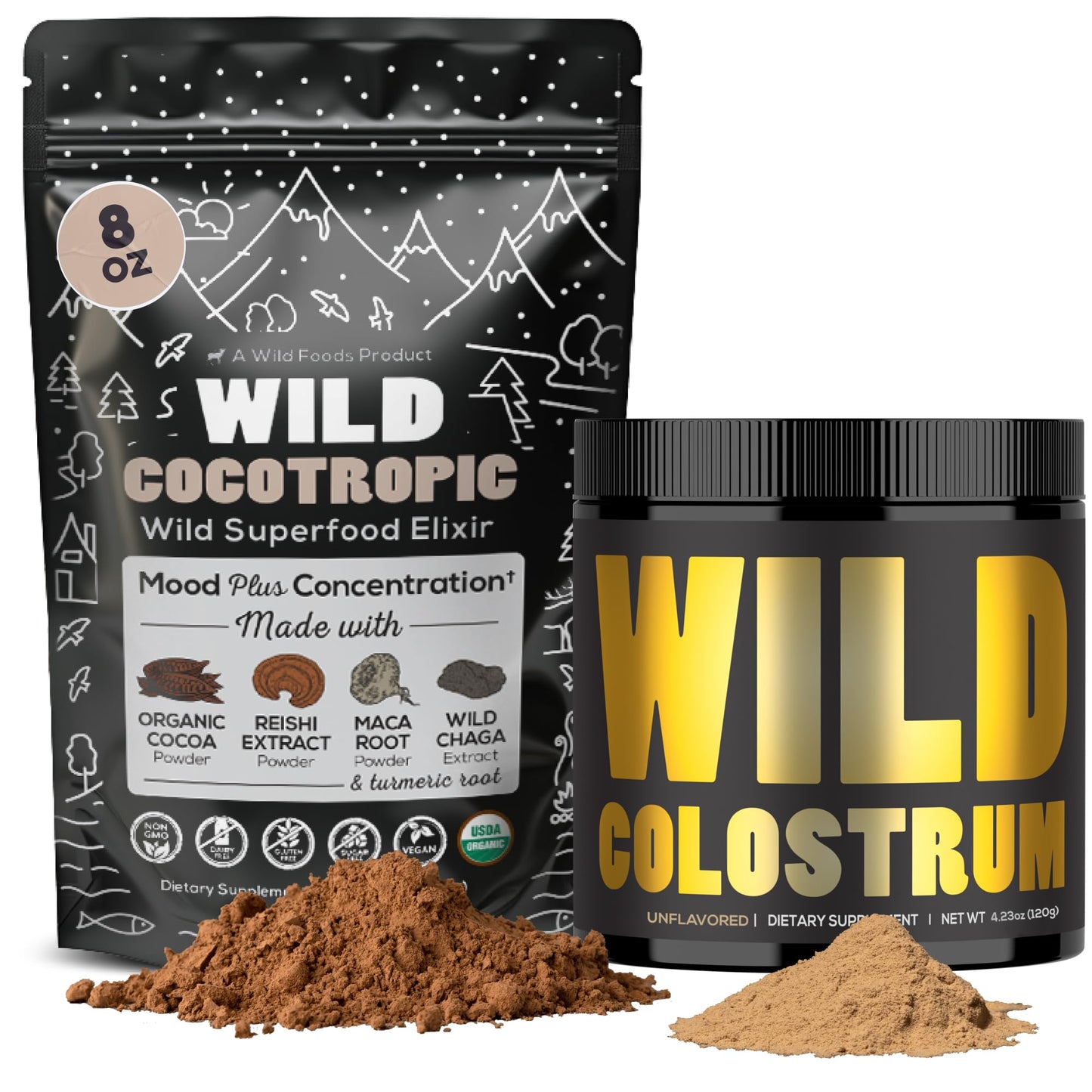 Wild Foods Cocotropic Organic Mushroom Cacao Mix & Colostrum Powder Bundle, Powder, 9