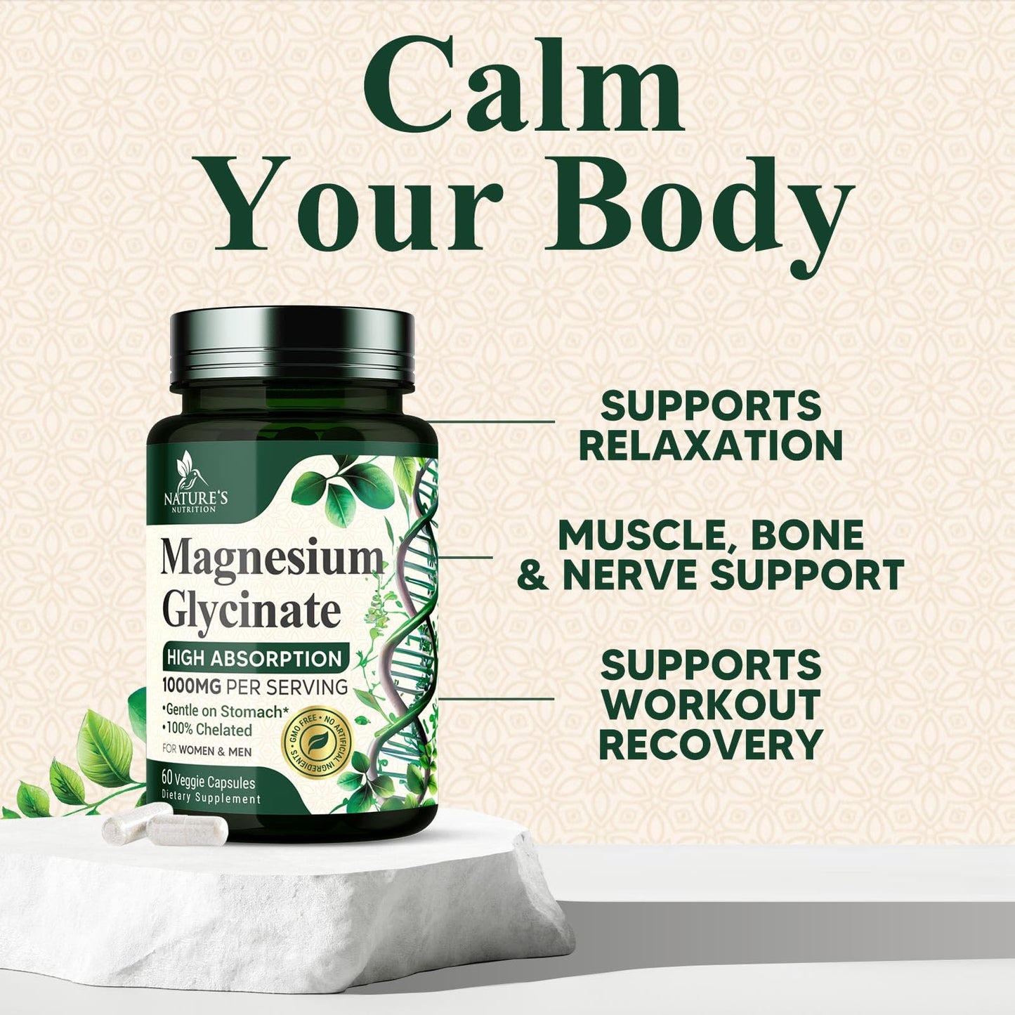 Nature's Nutrition Magnesium Glycinate 1000mg Capsules, 60 Count