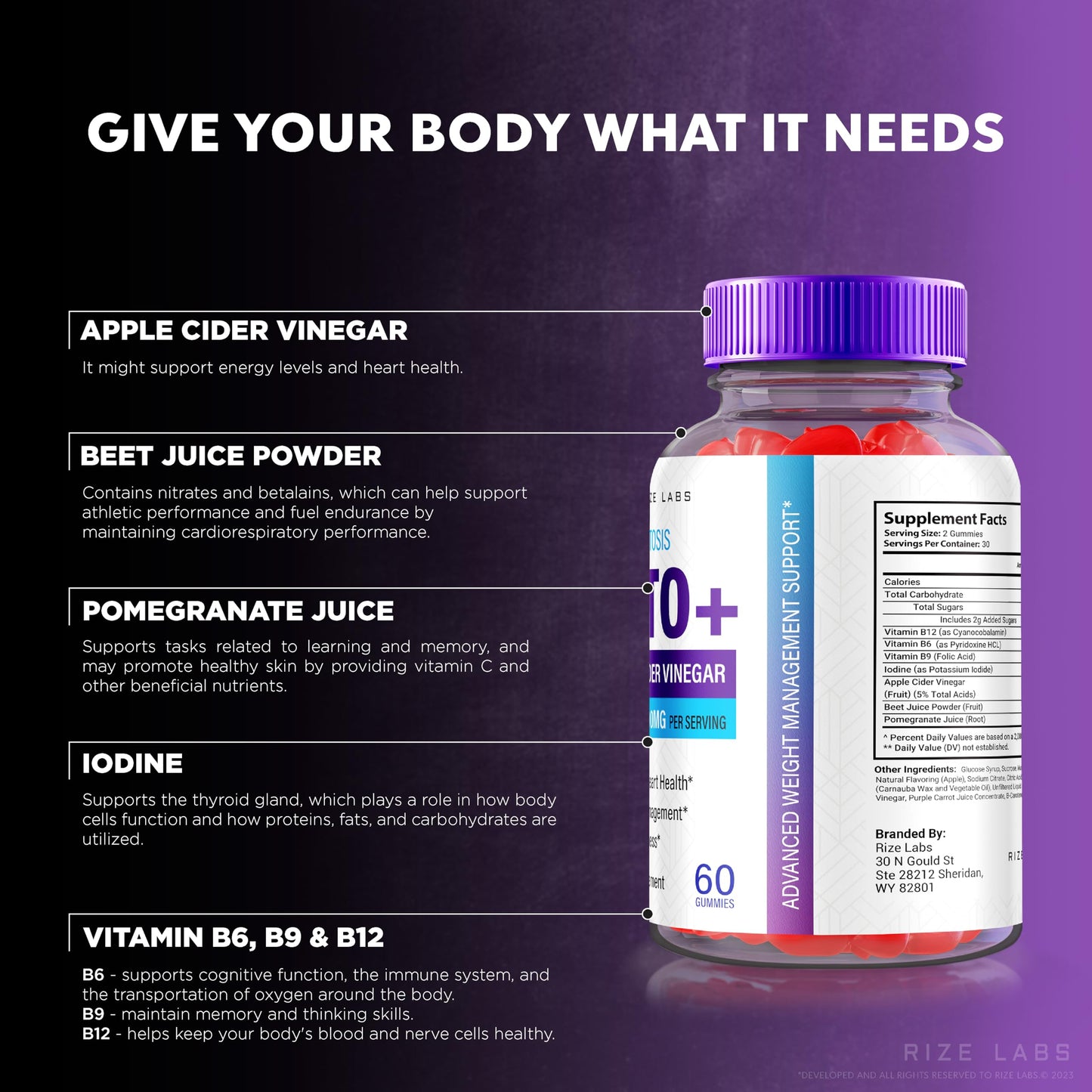 Rize Labs True Ketosis ACV Gummies for Advanced Weight Loss - Keto + ACV Slimming Belly Fat Diet Gummy AC, 60 Gummies