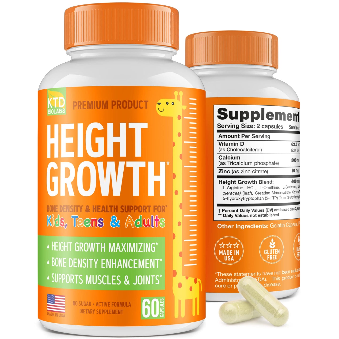 KTD BIOLABS Kids Height Growth Support Capsules – Daily Development Formula with Calcium, Vitamin D3 & Zinc – Amino Blend, Bone & Nutrition Support for Kids & Teens, 60 Capsules