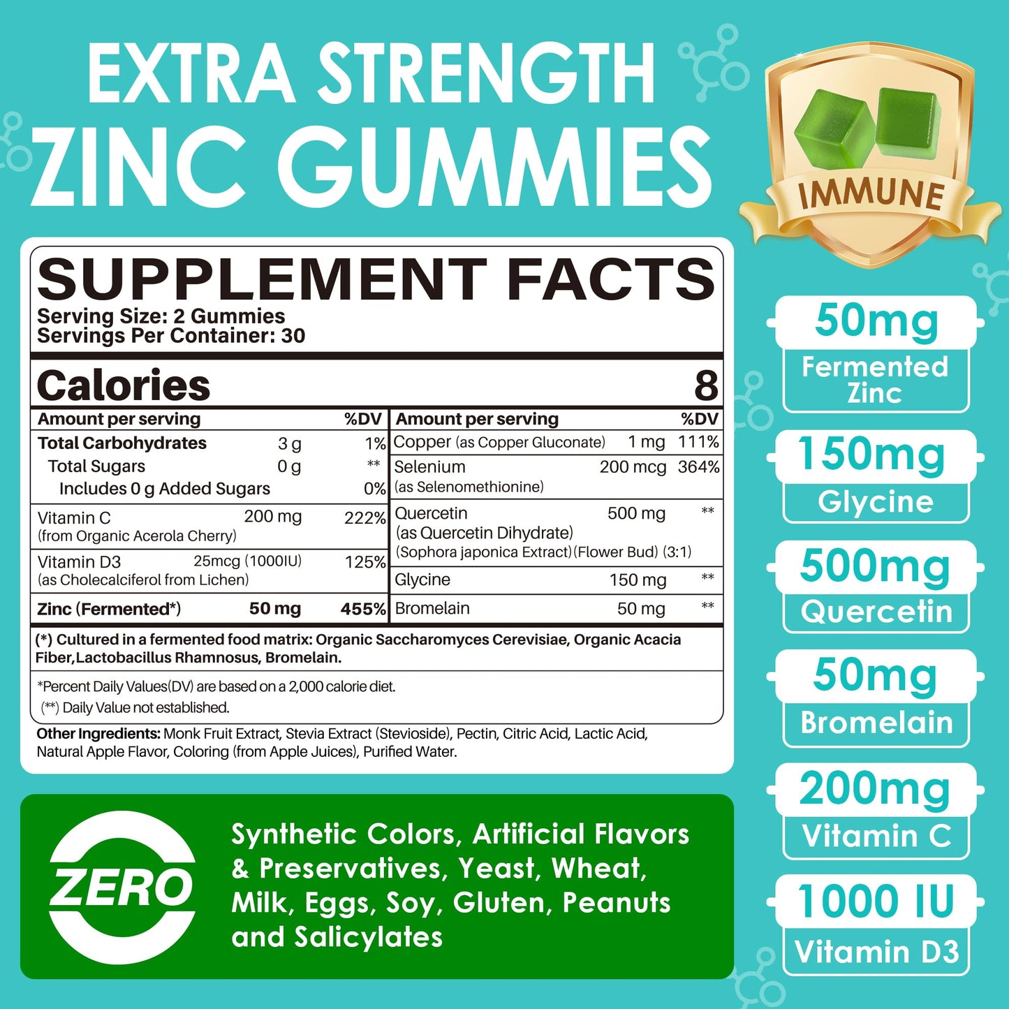 LILICARE Zinc Gummies 50mg + Quercetin & Bromelain, Vitamin C & D3, Copper, Selenium, Fermented Zinc for Immune Defense, Sugar Free, 60 Gummies