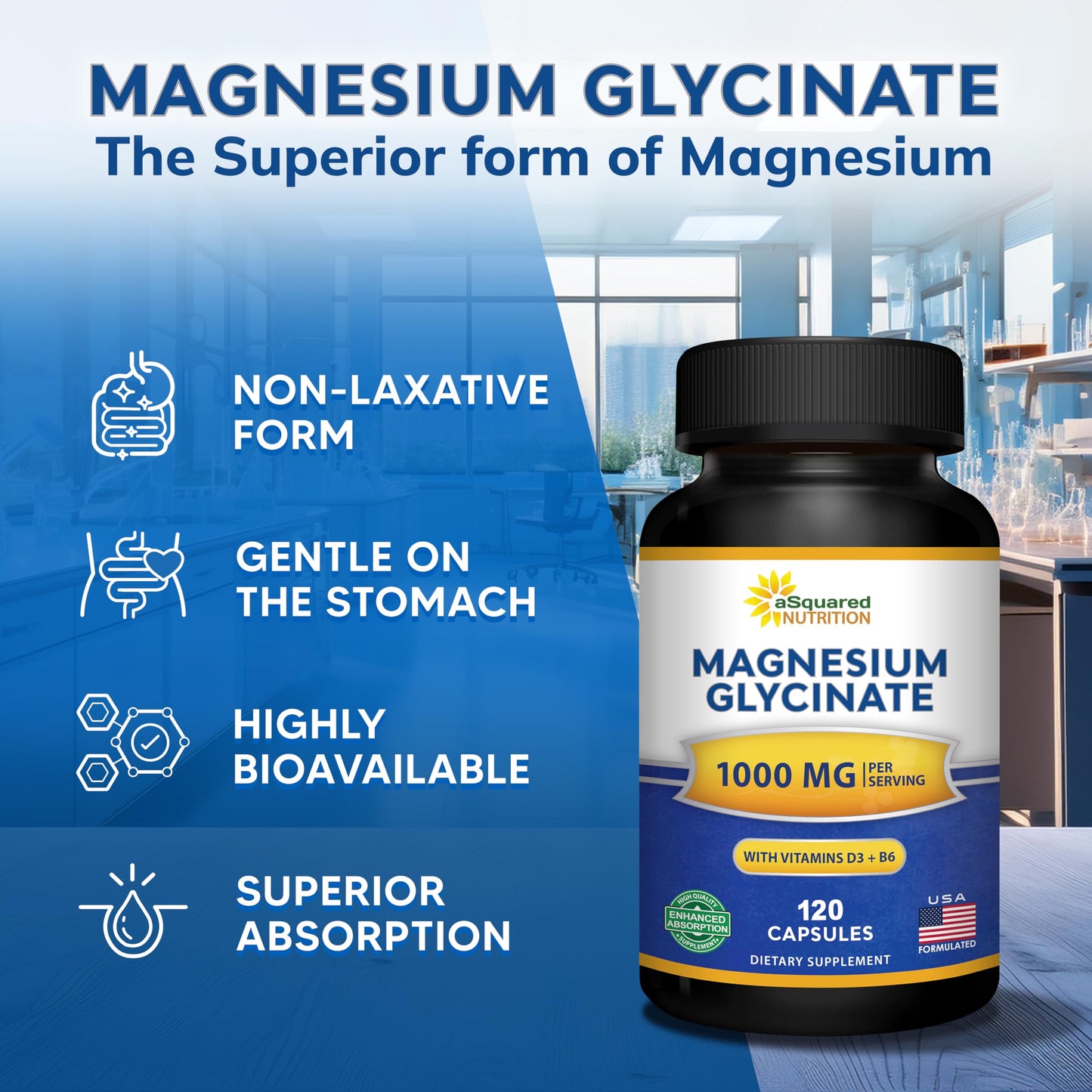 aSquared Nutrition Magnesium Glycinate 1000mg with D3 & B6 - Mag Complex - 500mg per Capsule, 120 Capsules