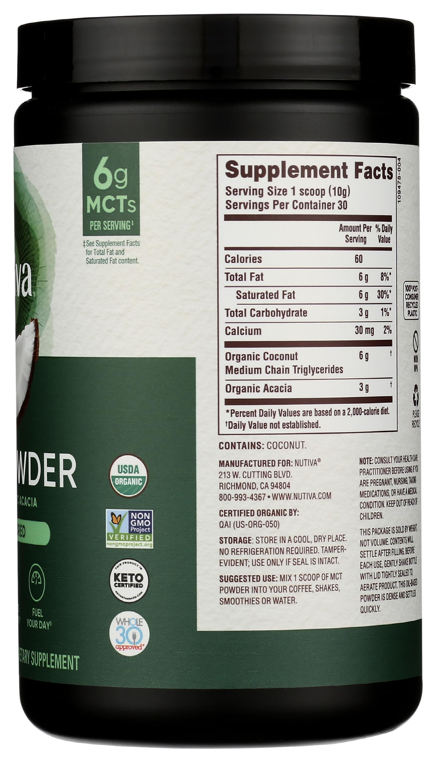 Nutiva Organic MCT Powder 10.6 Ounce