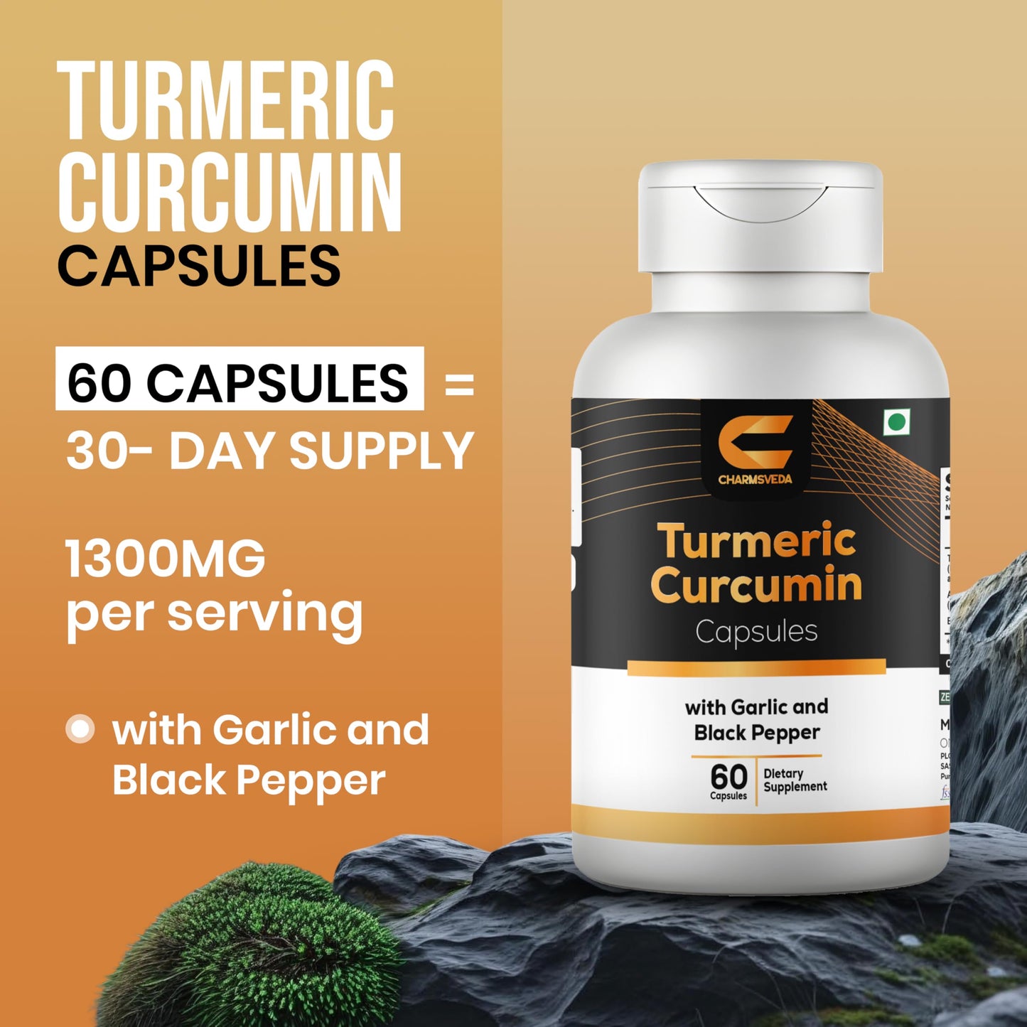 CHARMSVEDA Turmeric Curcumin Capsules with Garlic & Black Pepper Extract, 60 Capsules