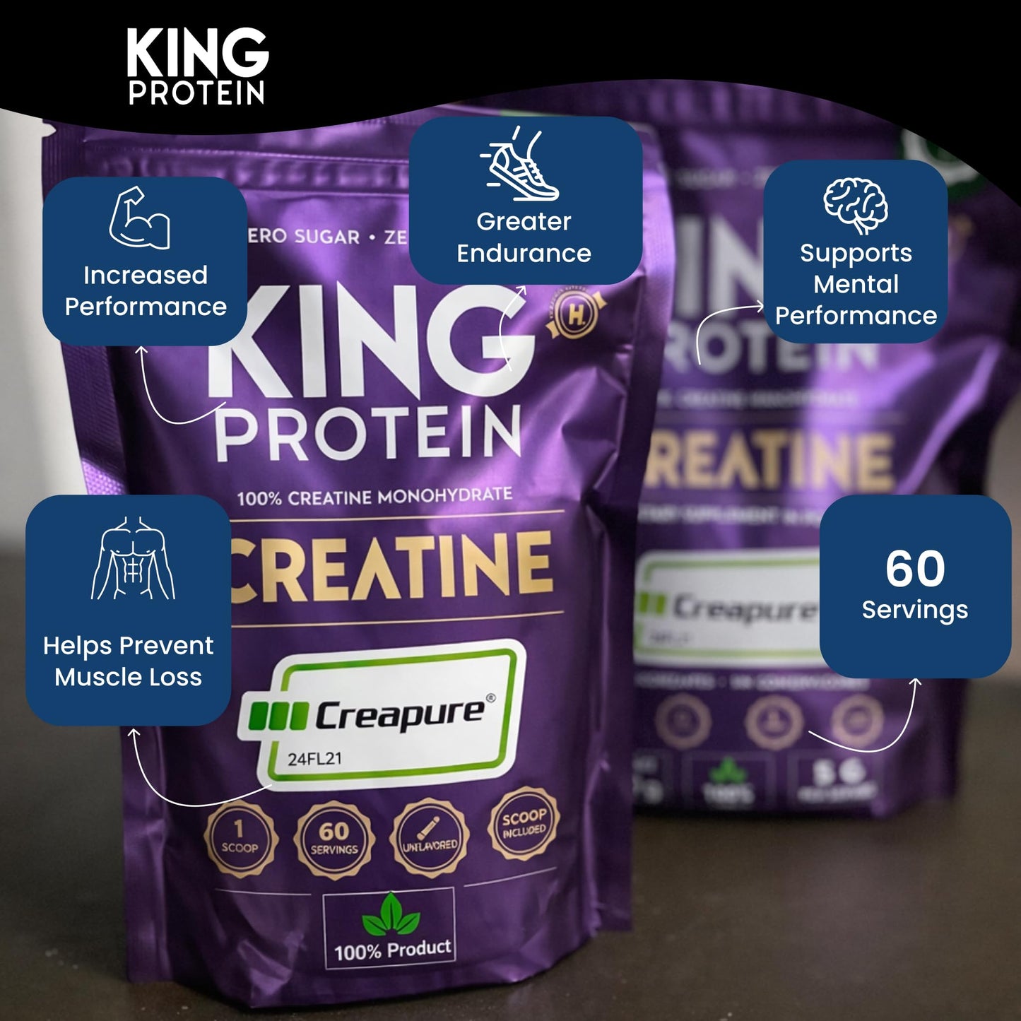 KING Protein 100% Pure Unflavored Creatine Monohydrate Powder 17.6 oz