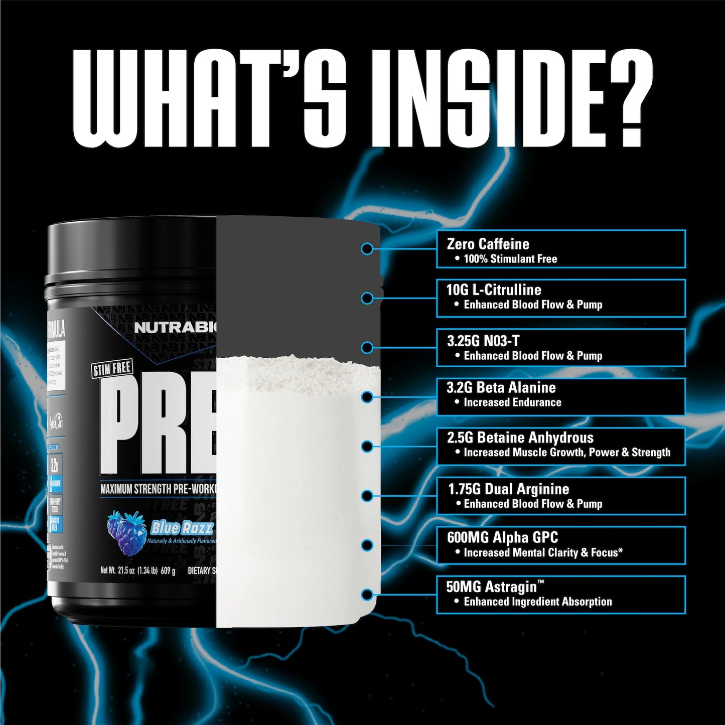 NutraBio STIM-Free PRE Workout Powder for Men, Blue Razz, 20 Servings