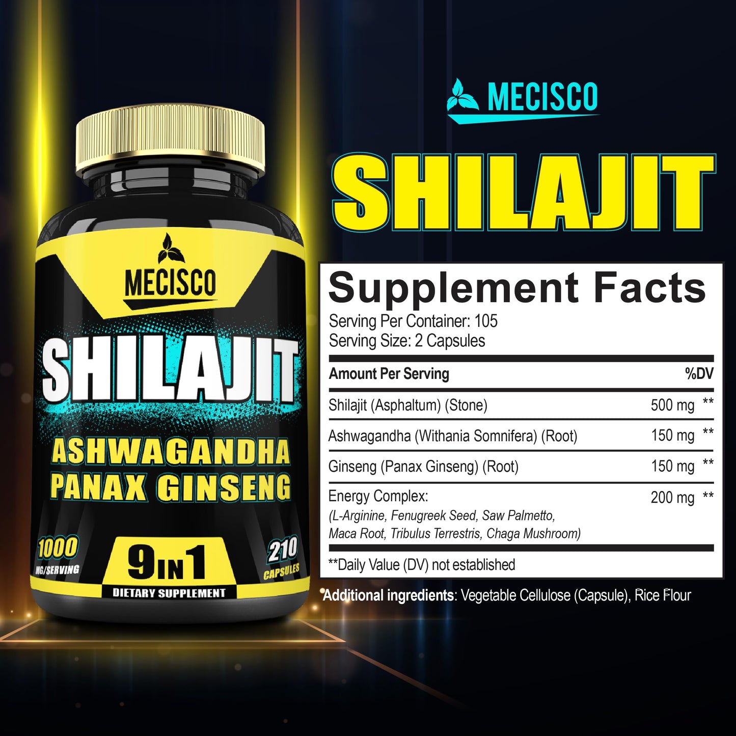 Mecisco 9in1 Shilajit Pure Himalayan Organic with Ashwagandha Root, Panax Ginseng, L-Arginine, Chaga & More, 210 Capsules