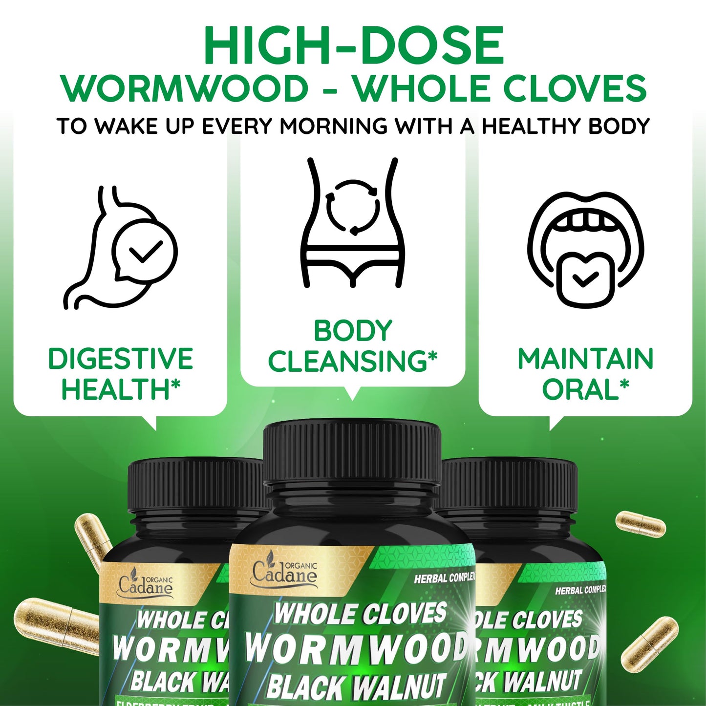 Organic Cadane Wormwood Whole Cloves Black Walnut Digestive & Herbal Support 90 Capsules