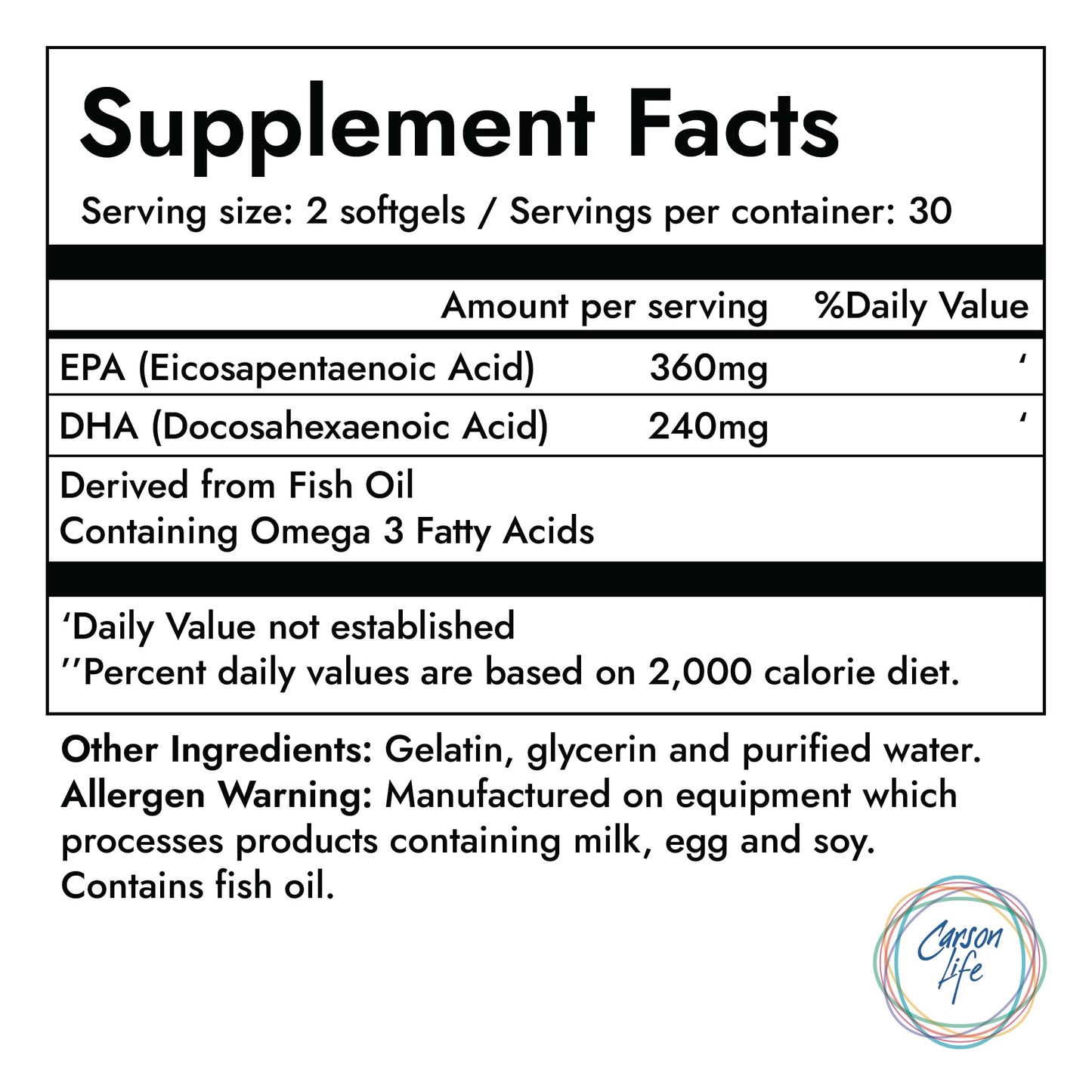Carson Life DHA EPA Omega-3 Supplement Capsule, 60 Count