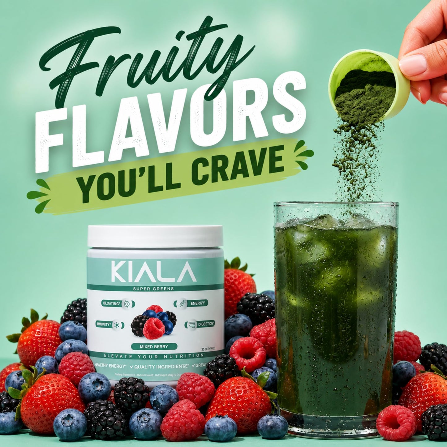 Kiala Nutrition Super Greens Powder with Spirulina & Chlorella for Digestion, Gut Health, Immunity, Adaptogens, Energy, Gluten Free, Vegan, Sugar Free, Mixed Berry, 8 oz