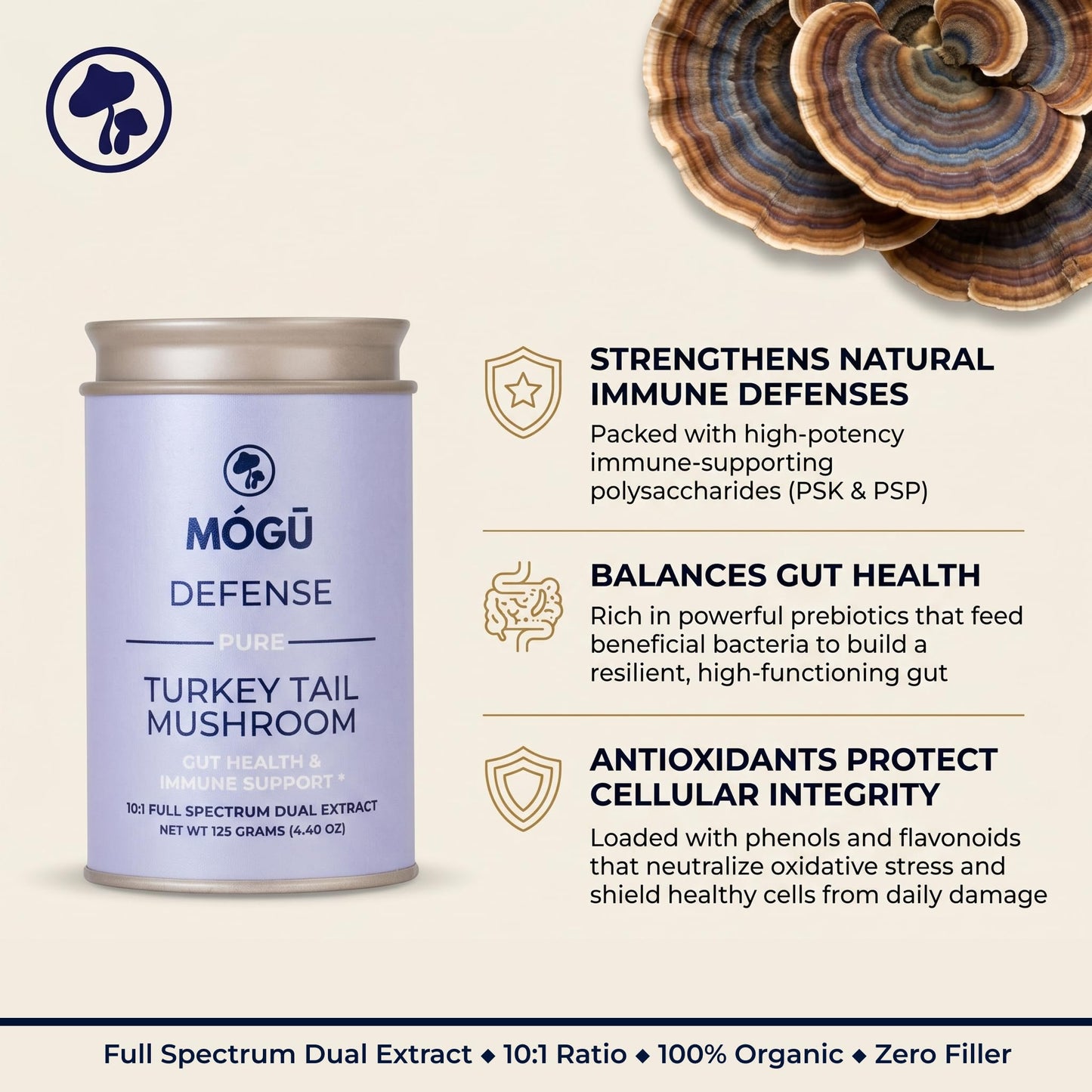 MÓGU MUSHROOMS Defense Organic Turkey Tail Mushroom Powder, 4.4 oz