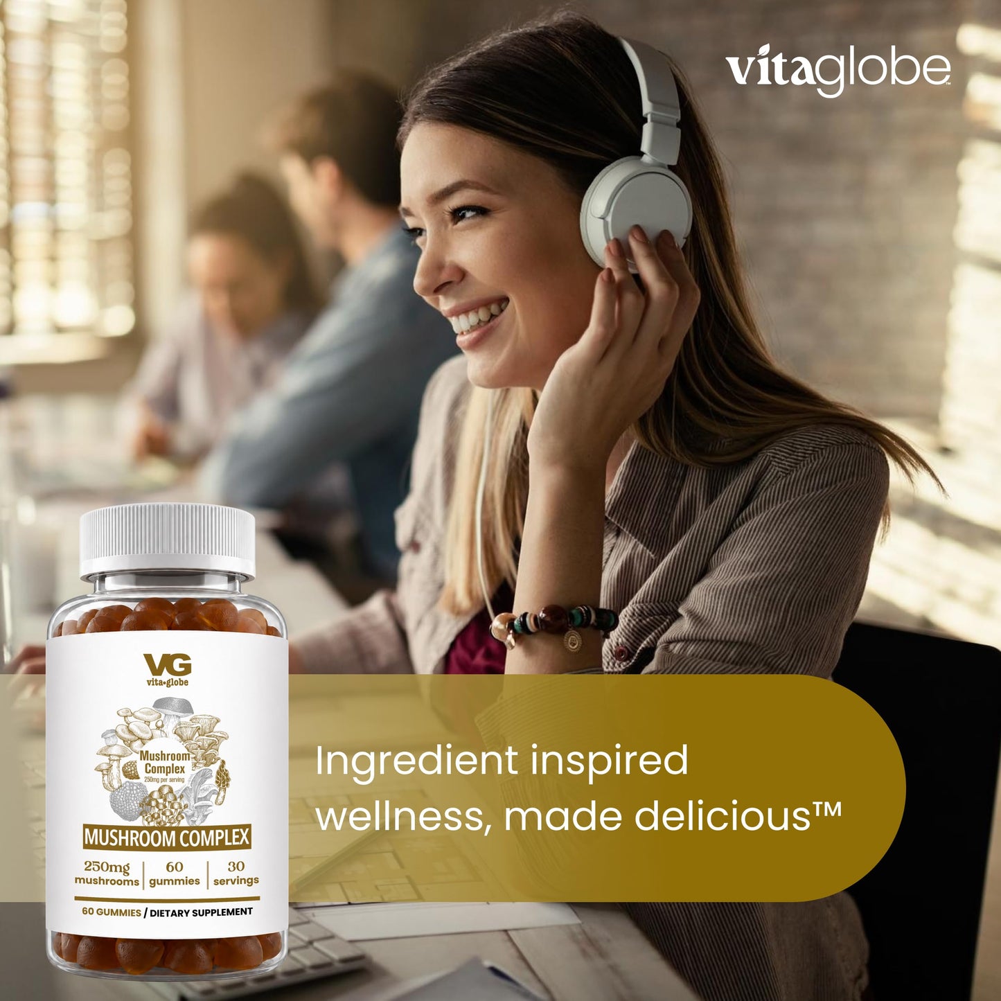 VITA GLOBE Mushroom Complex Lions Mane, Reishi & Chaga, Non-GMO, 120 Gummies