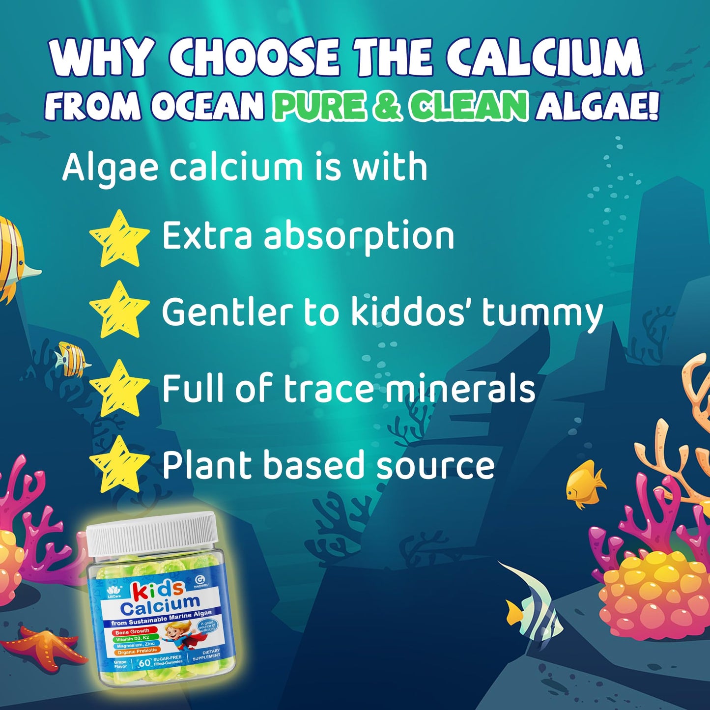 LILICARE Kids Calcium Gummies + Vitamin D3 K2, Magnesium, Zinc, Extra Absorption Algae Calcium Supplement, 60 Gummies