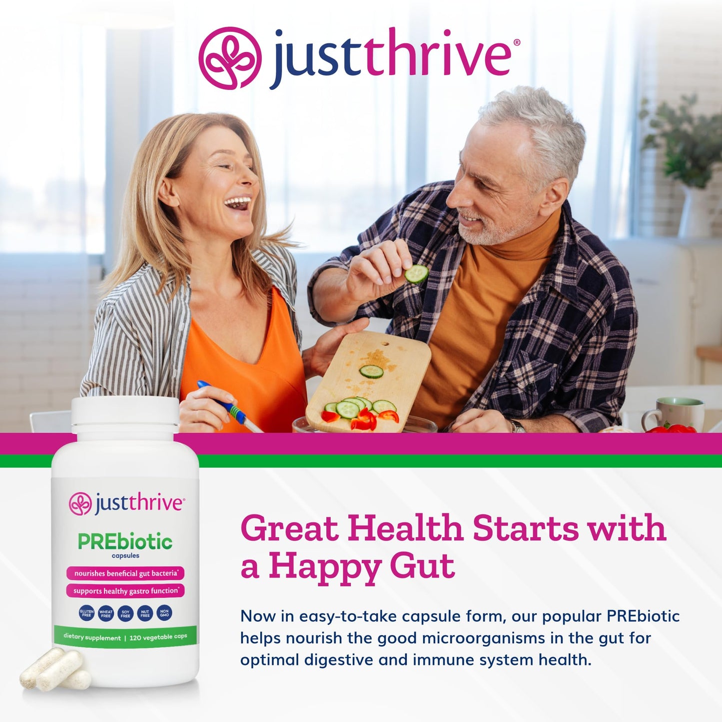 Just Thrive PREbiotic Capsules for Digestive, Gut & Immune Health Support, 120 Capsules