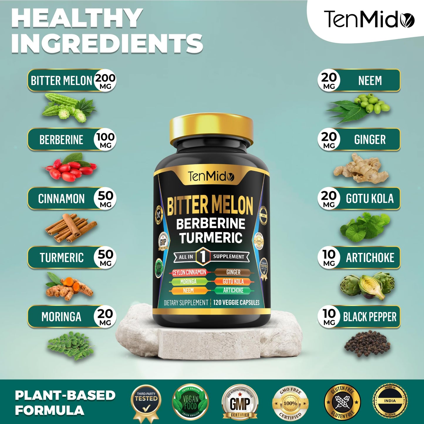 Tenmido Bitter Melon Capsules - 10in1 Formula, 120 Capsules